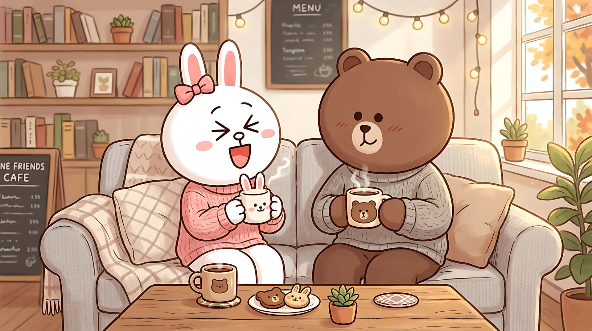 kanin,bjørn,kanin,kafé,kaffe,vennskap,søt,kawaii,illustrasjon,tegneserie,koselig,hygge,gensere,høst,vinter,interiør,livsstil,venner,kjærlighet,par
