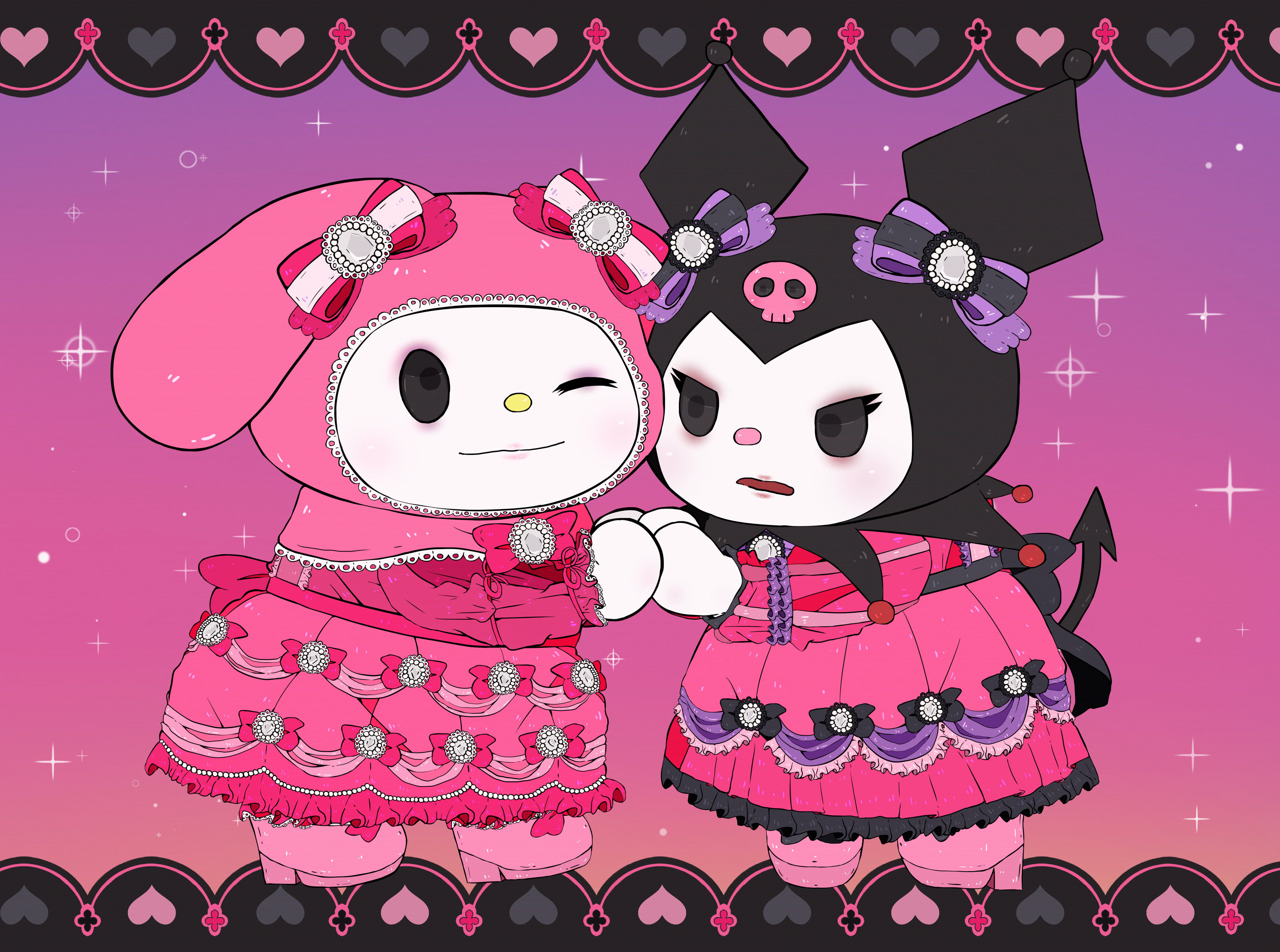 Søte My Melody og Kuromi i rosa kjoler Bakgrunner