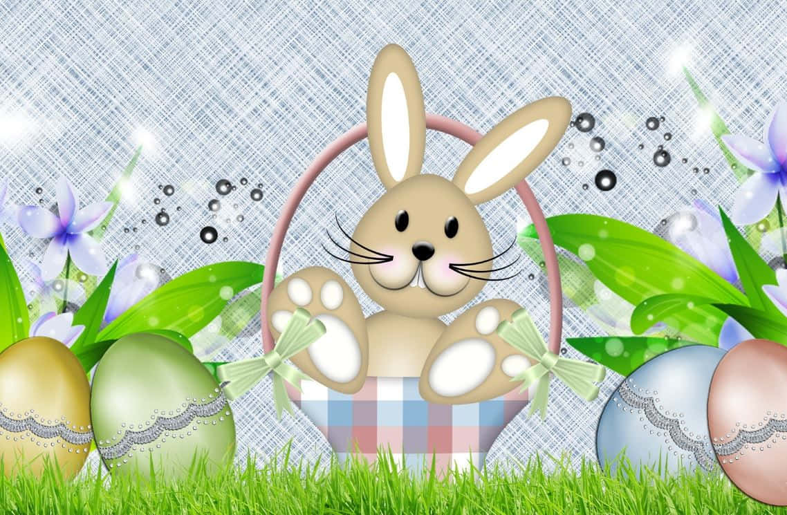 Søte påskeharer med fargerike egg i en blomstrende hage Bakgrunner