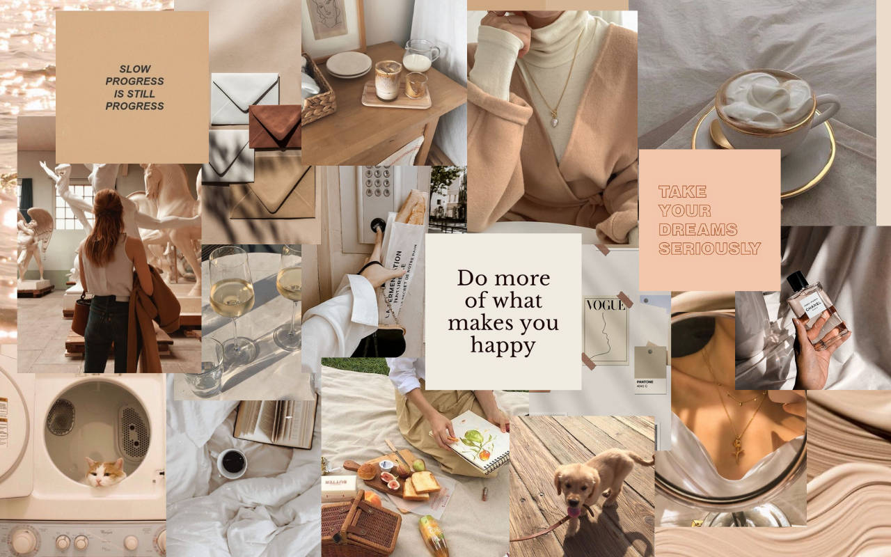 Søte valper og katter collage beige estetisk skrivebord Bakgrunner