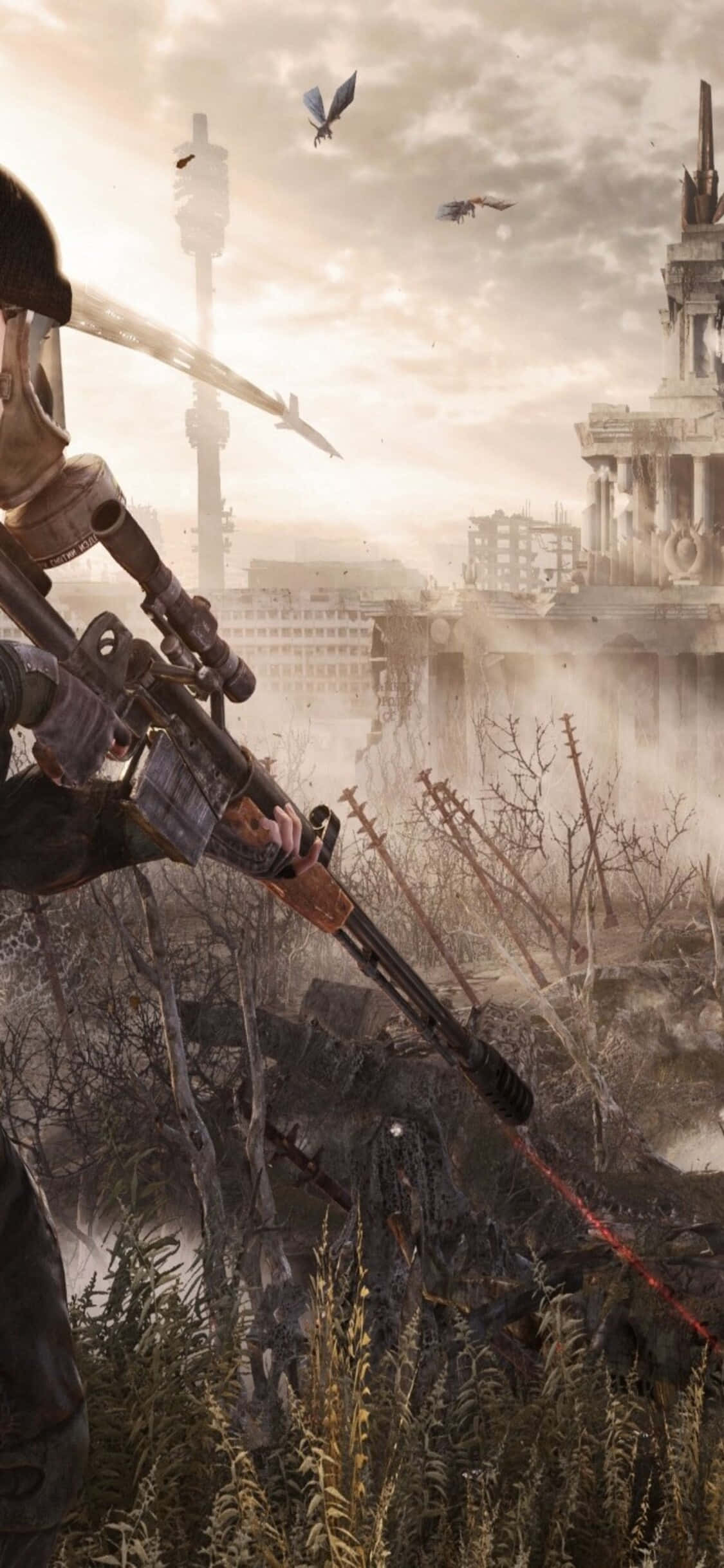 Soldat som går mot landsby iPhone X Metro Last Light bakgrunn Bakgrunner