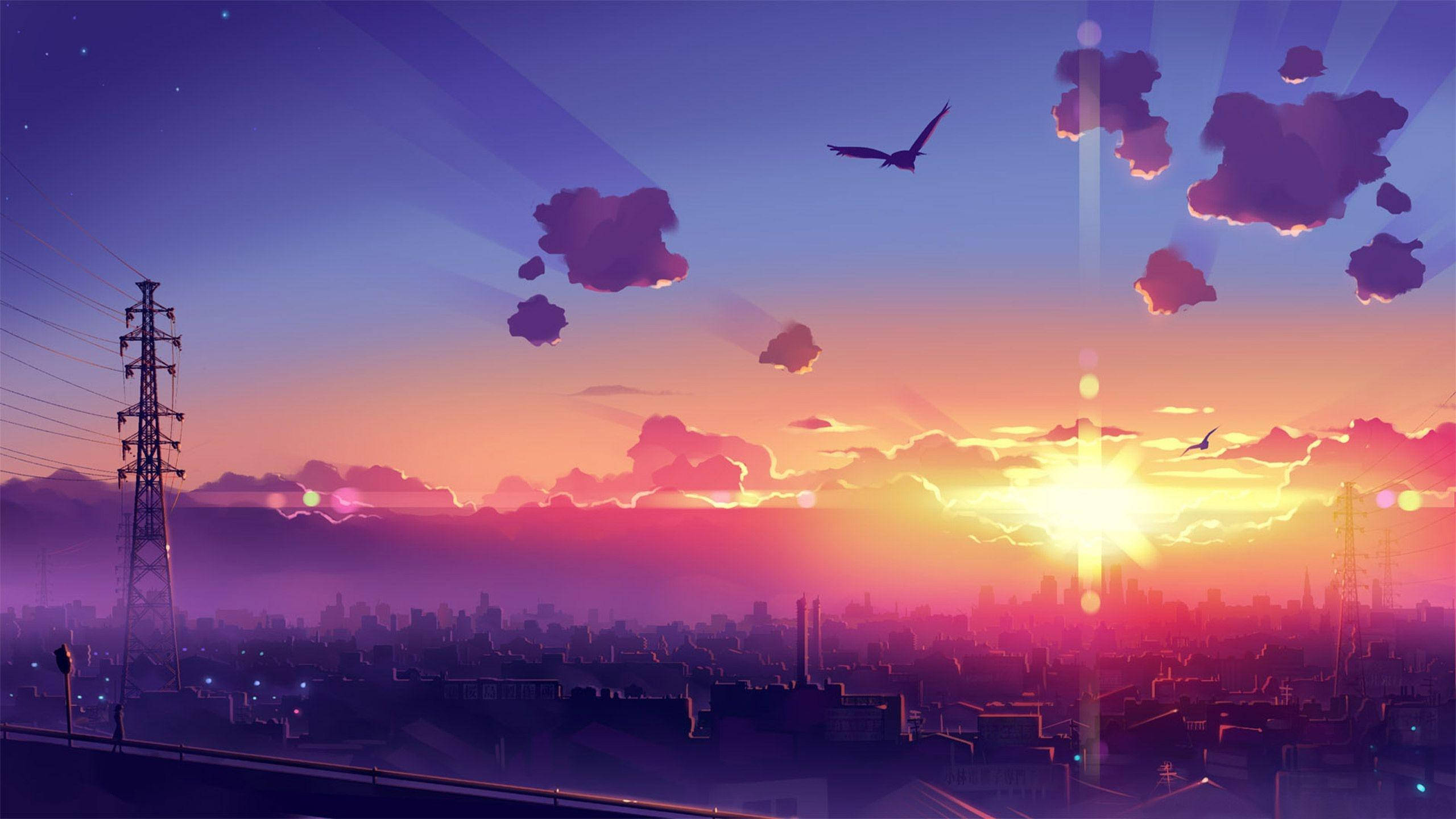 Solnedgang over byen estetisk anime-landskap Bakgrunner