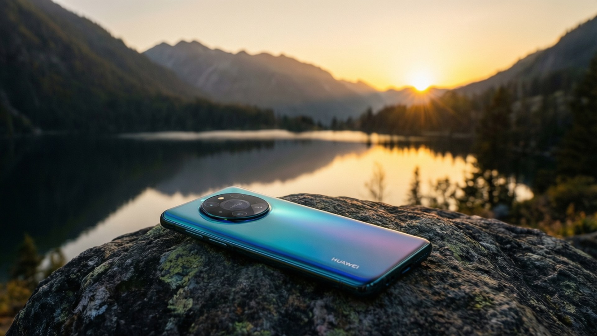 Solnedgang ved innsjø med Huawei Bakgrunner