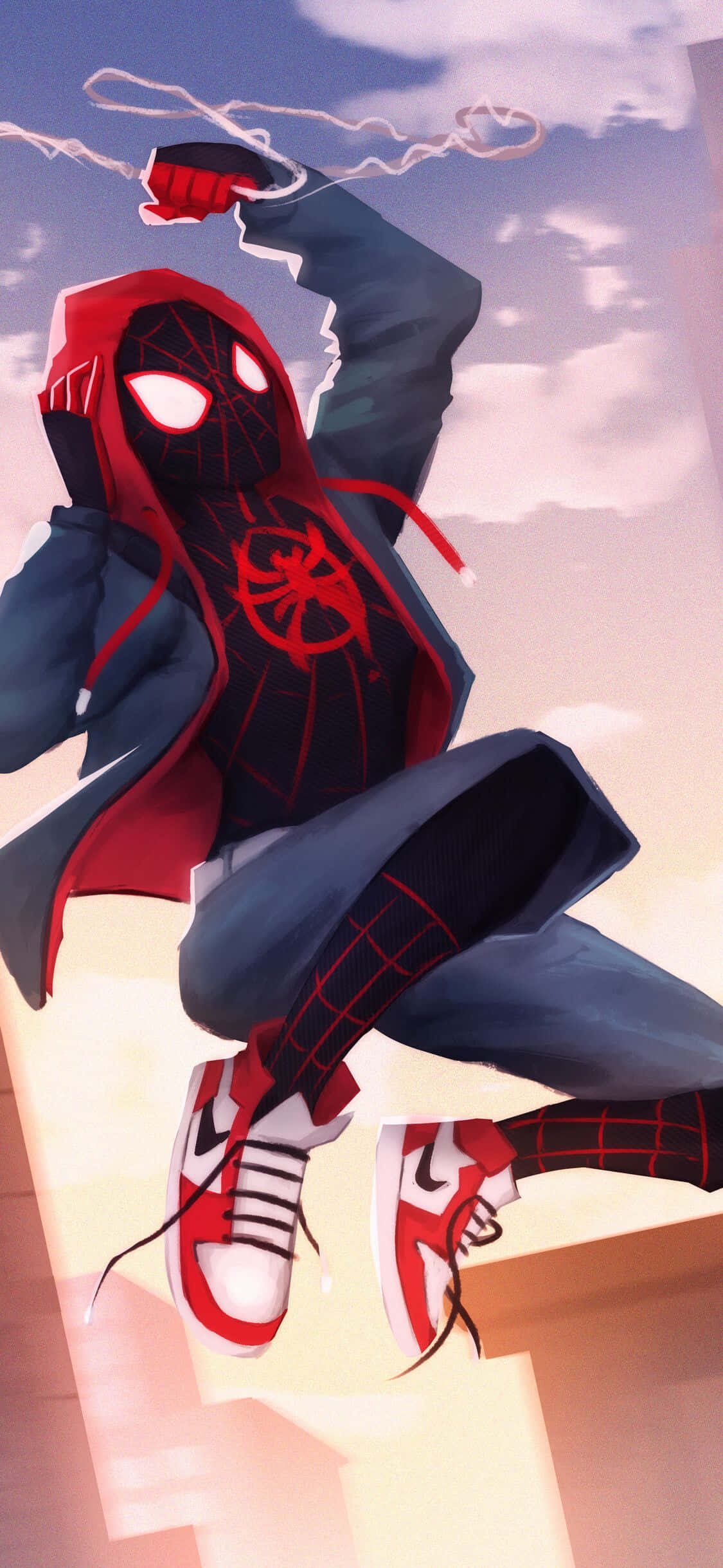 Solnedgangshimmel med Marvel-fiktiv karakter Miles Morales iPhone Bakgrunner