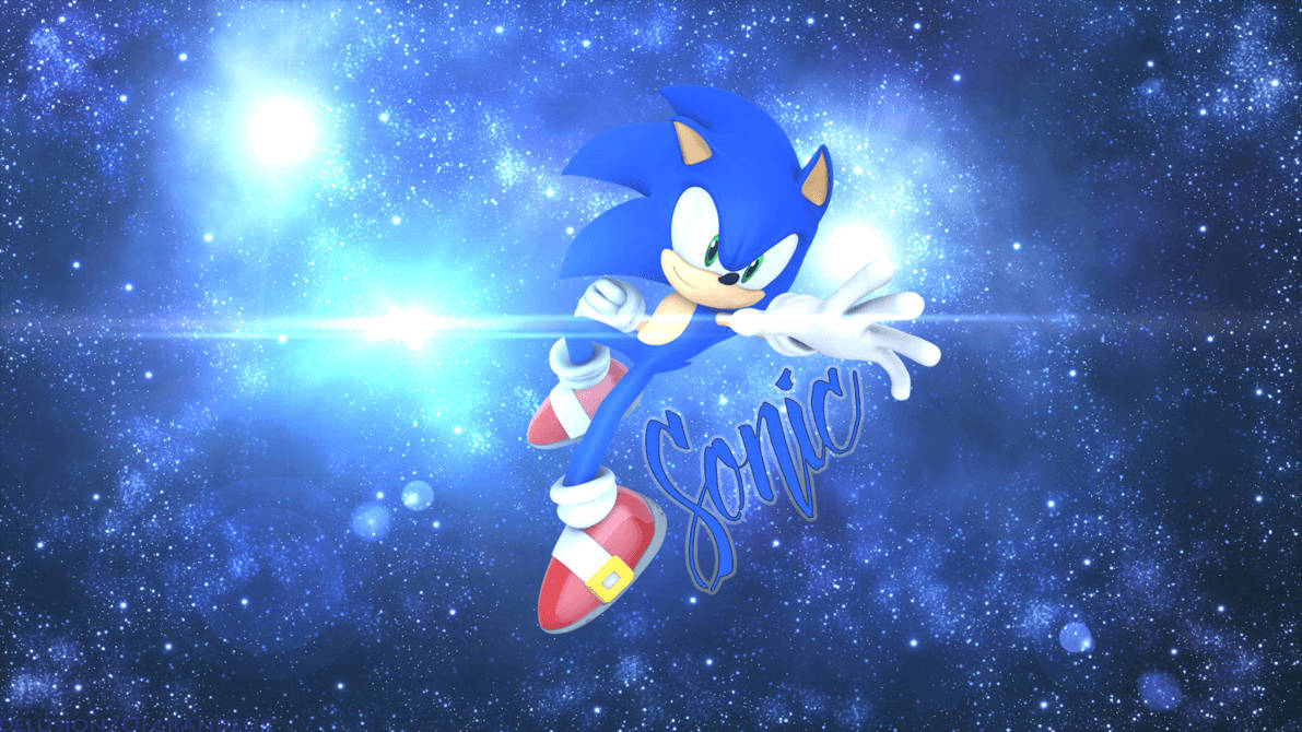 Bakgrunnsbilde av Sonic i rommet med millioner av stjerner og lysglimt.