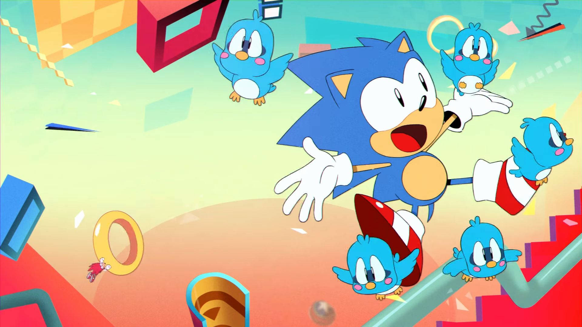 Bakgrunnsbilde av Sonic the Hedgehog og Flicky-fugler.