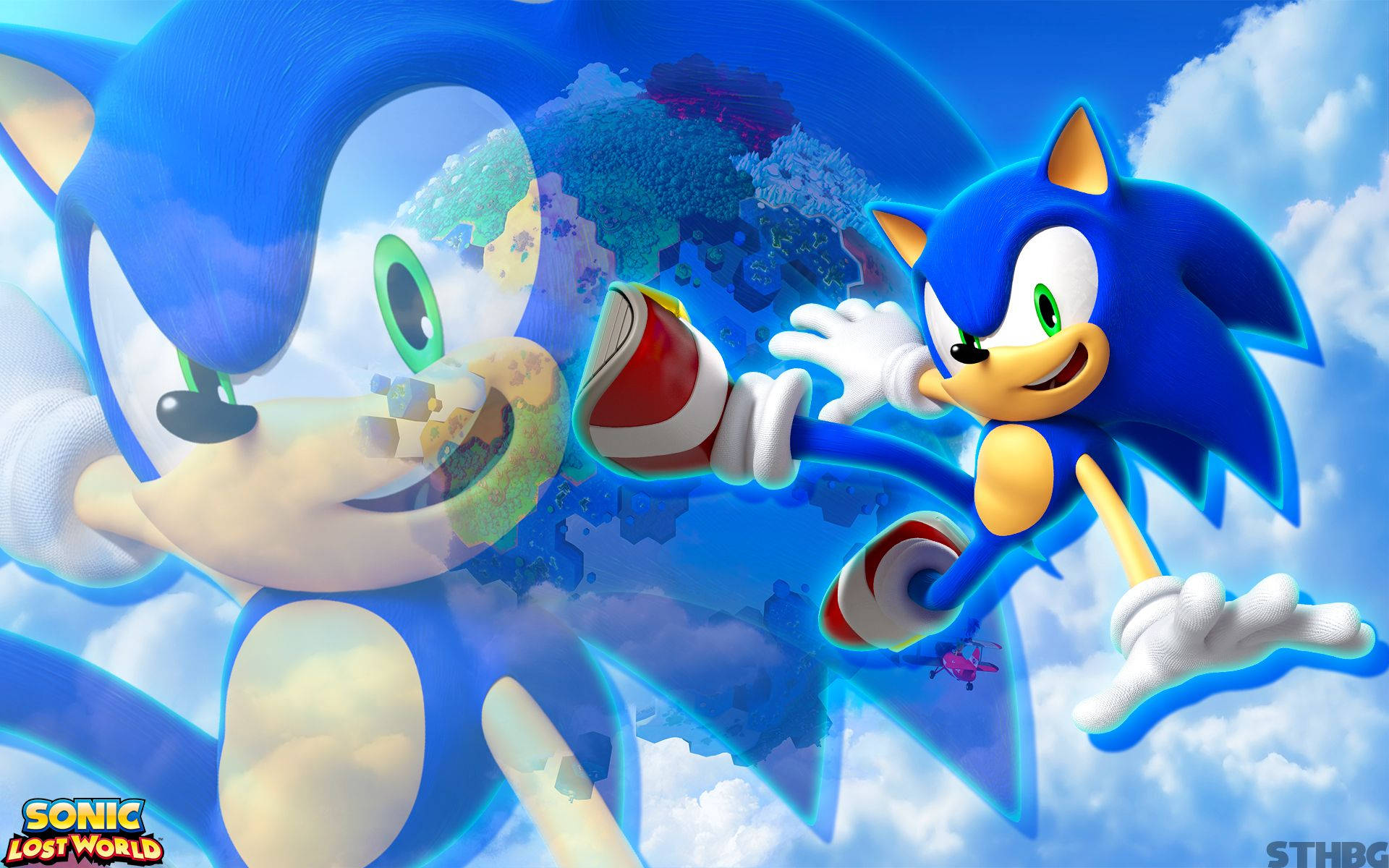 Bakgrunnsbilde av den dynamiske blå pinnsvinet Sonic i Sonic Lost World-spillet.