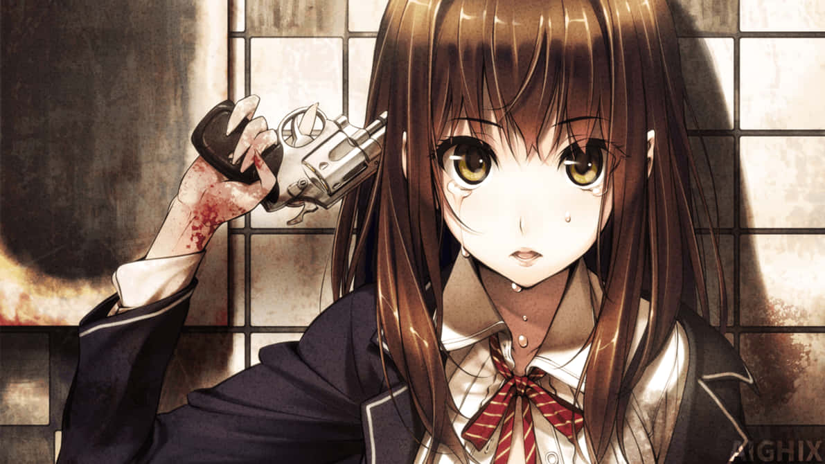 Trist anime-jente holder en pistol mot hodet med blod på hendene HD-bakgrunn.