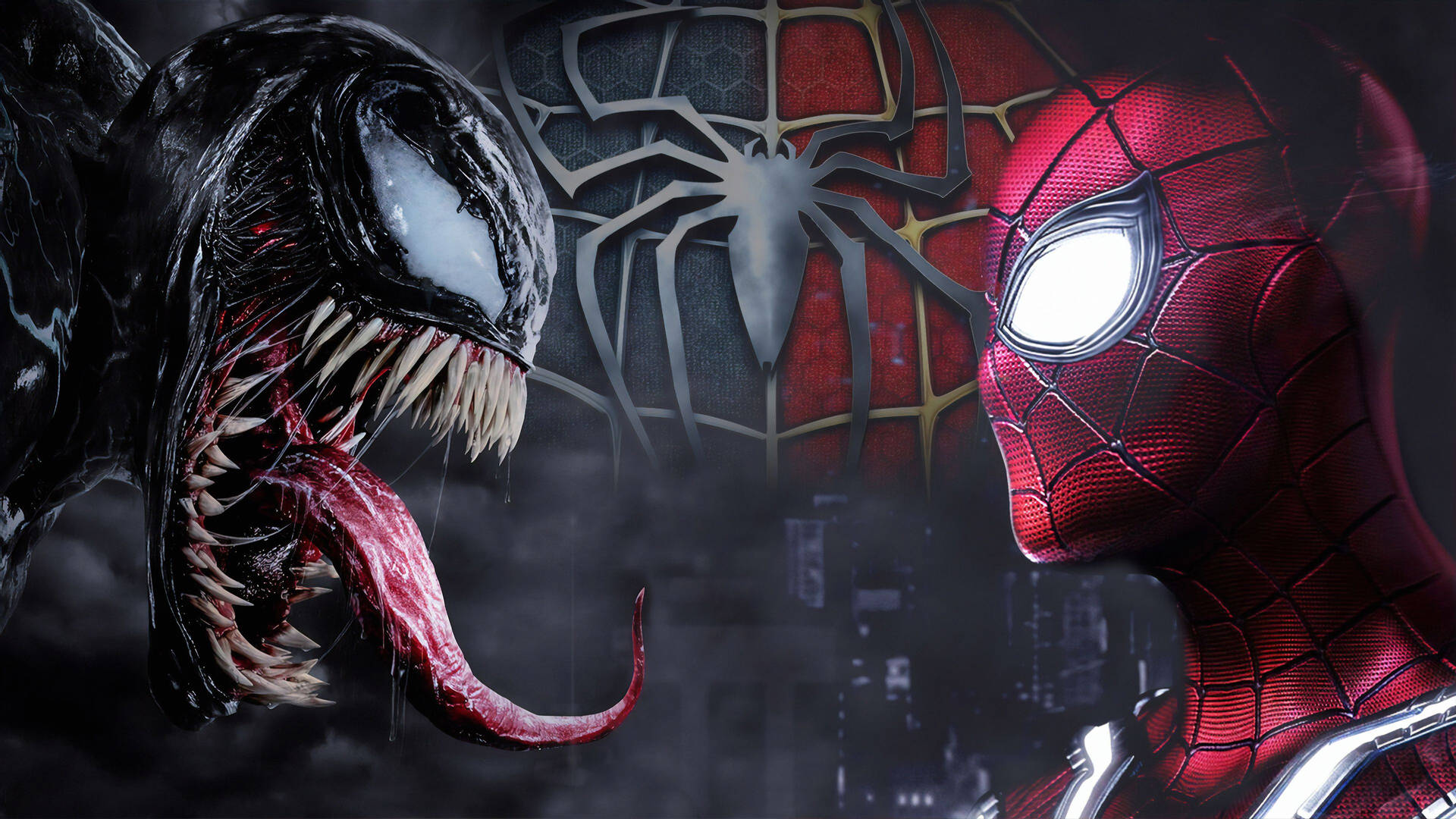 Spider-Man og Venom vendt mot hverandre på en mørk svart bakgrunn.
