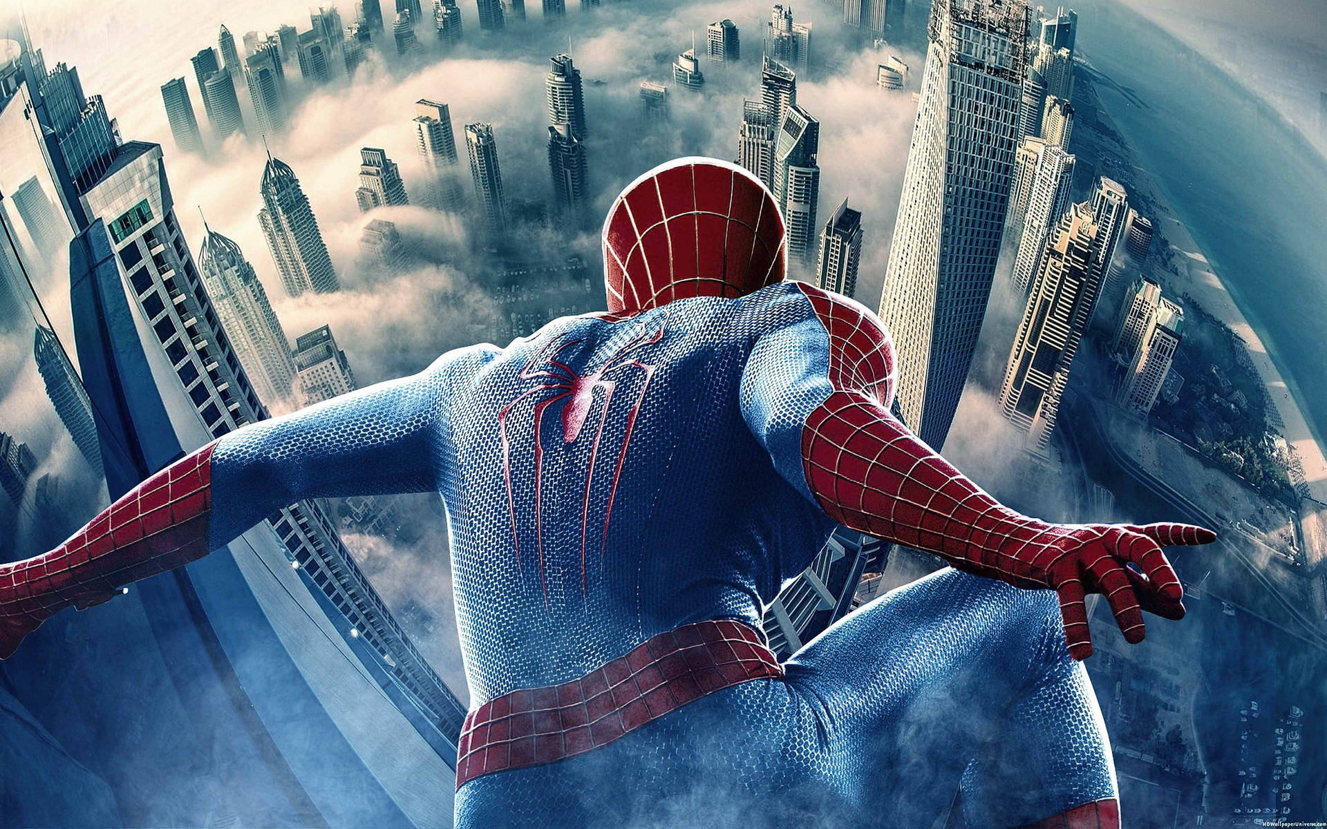 Spider-Man over bygninger bakgrunnsbilde