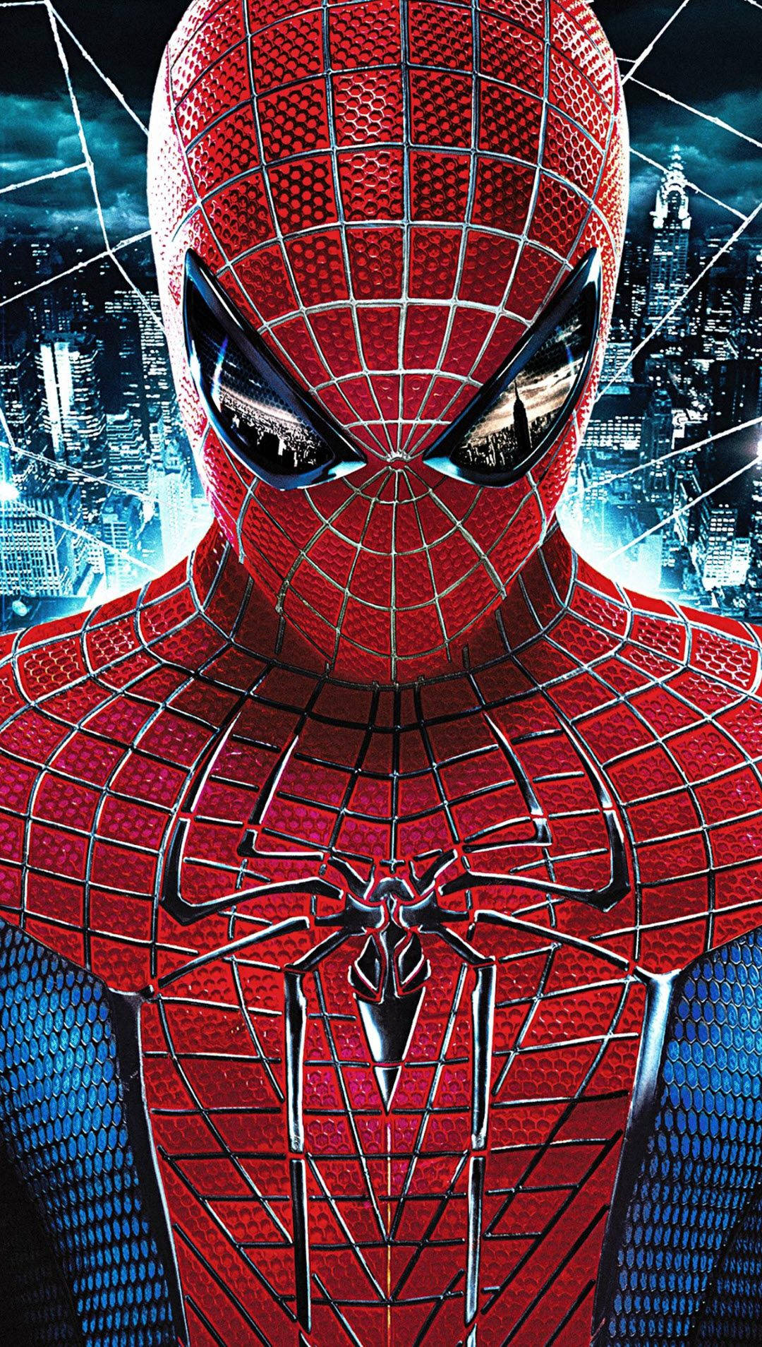 Spider-Man Marvel-helter som ser nedover med en blå lyn-bakgrunn.