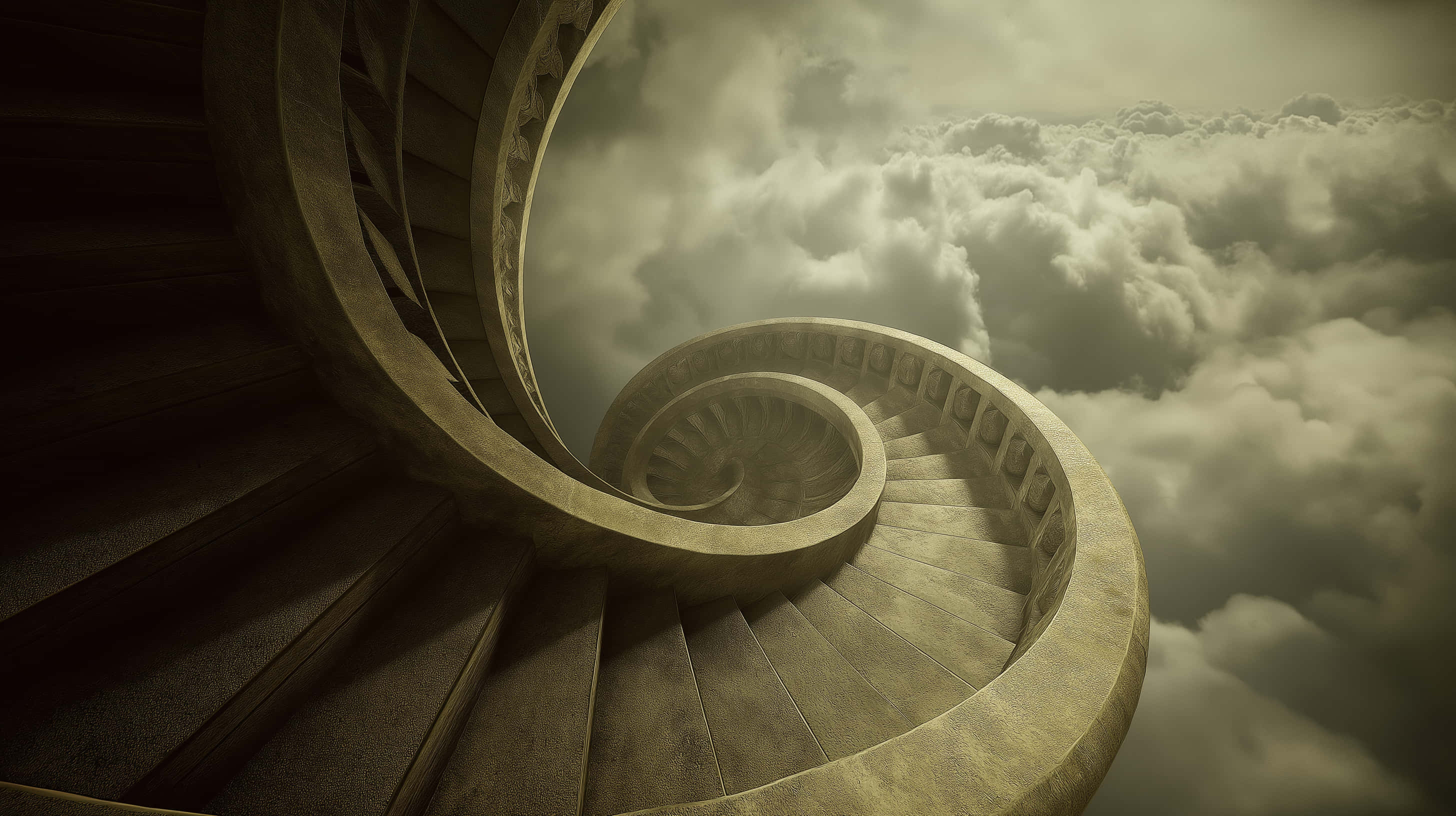 Spiraltrapp i stein som forsvinner inn i en skyfull himmel Bakgrunner