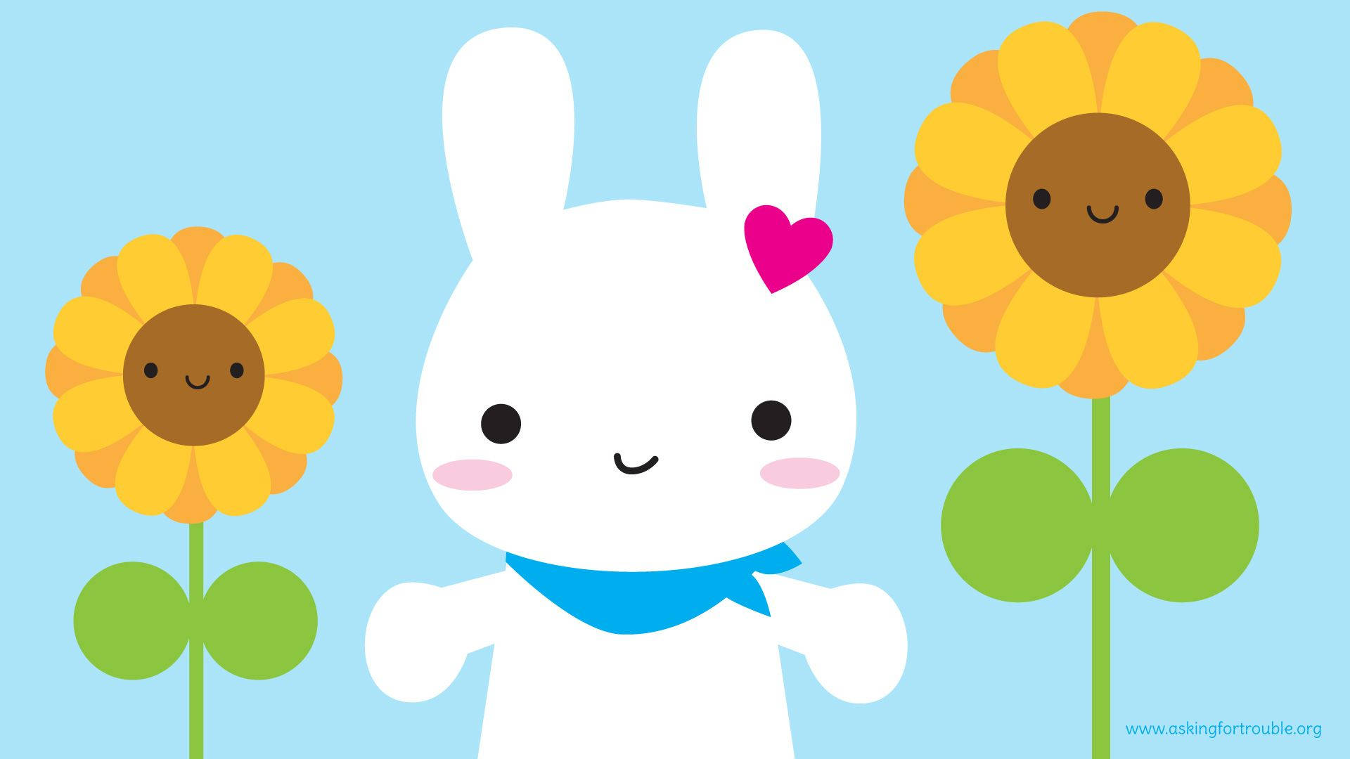 Kawaii-kanin mellom solsikker bakgrunn.
