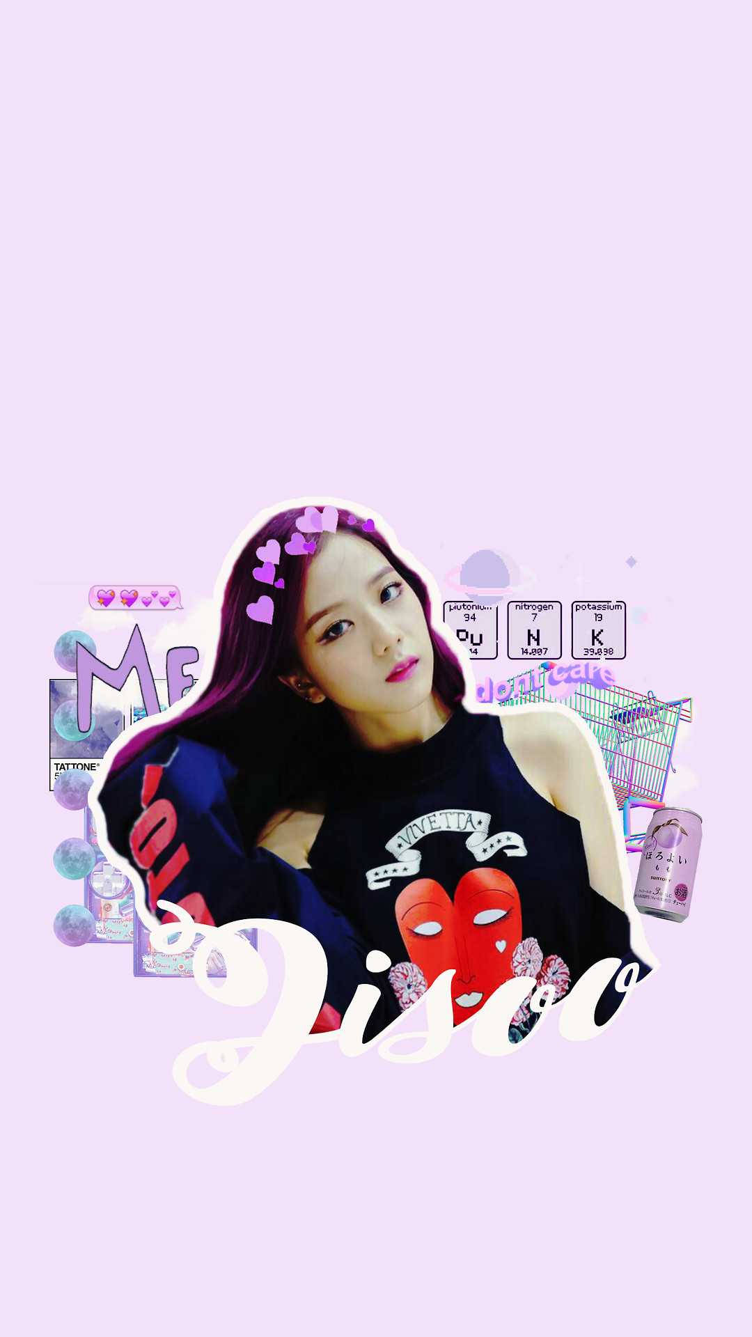 Sørkoreansk jentegruppe, Blackpink-medlem Jisoo viser frem sitt lilla scrapbook-kunstverk. Bakgrunner