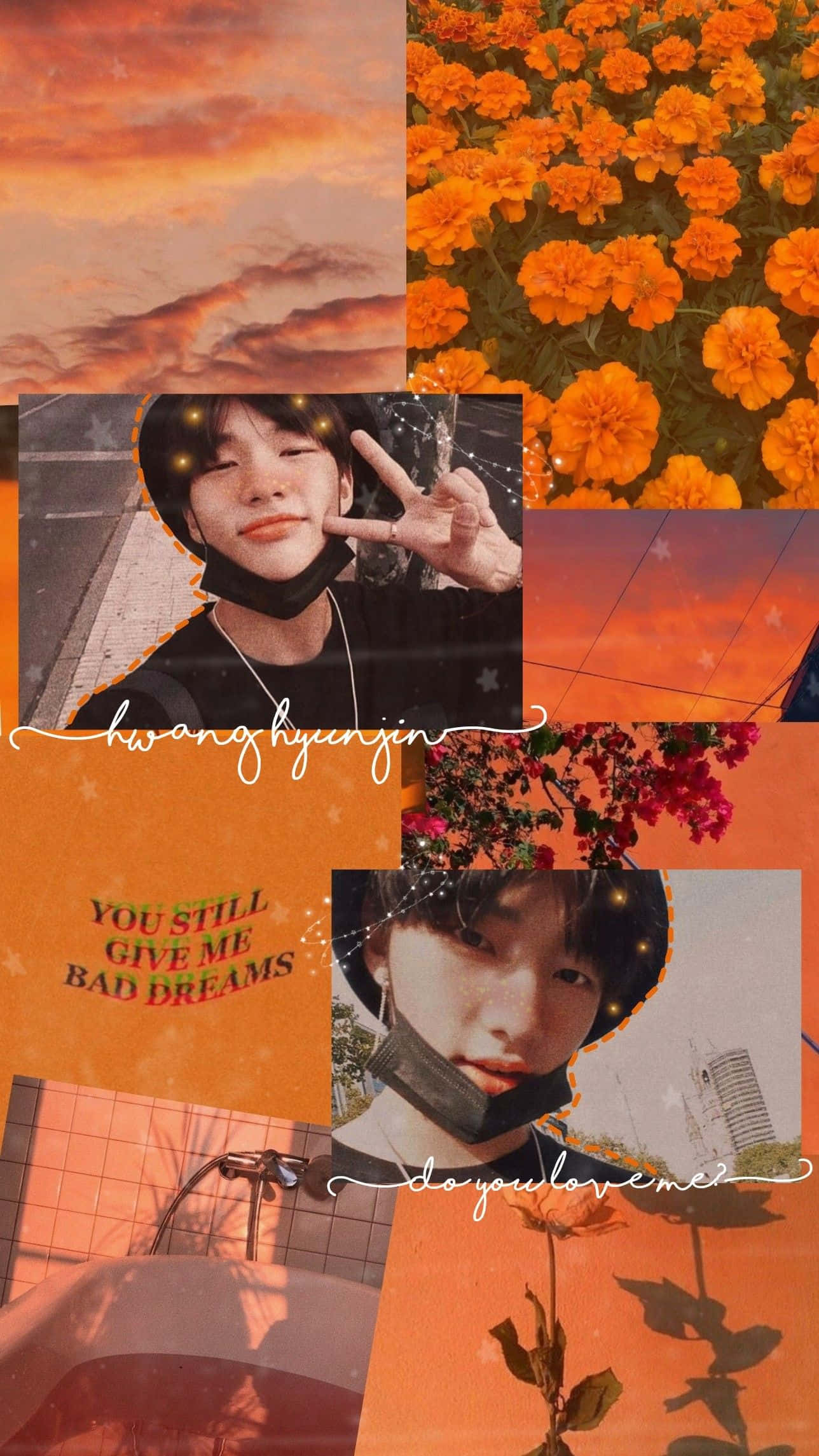 Sørkoreanske sangeren Hyunjin oransje estetisk collage Bakgrunner