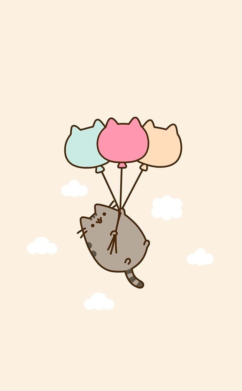 Søt Kawaii Pusheen med Ballonger Bakgrunner