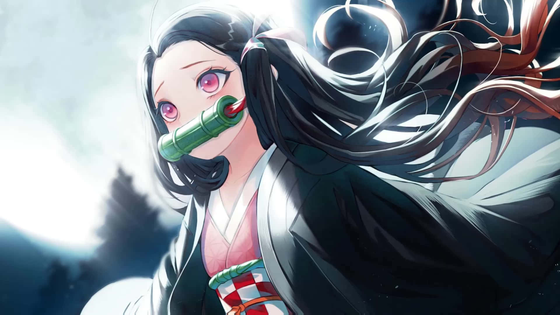Søt manga-karakter Nezuko Kamado med glødende måne Bakgrunner