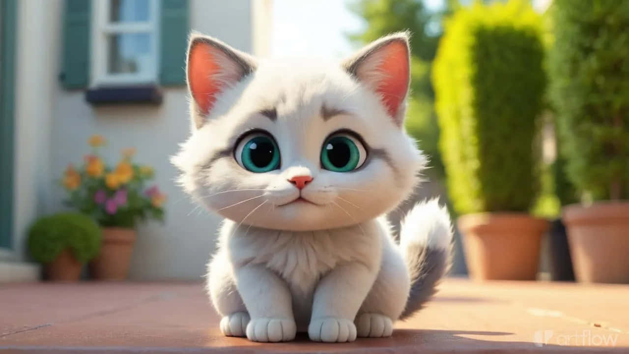 Søt storøyd kattunge som sitter utendørs – Bedårende 3D-stil katt Bakgrunner