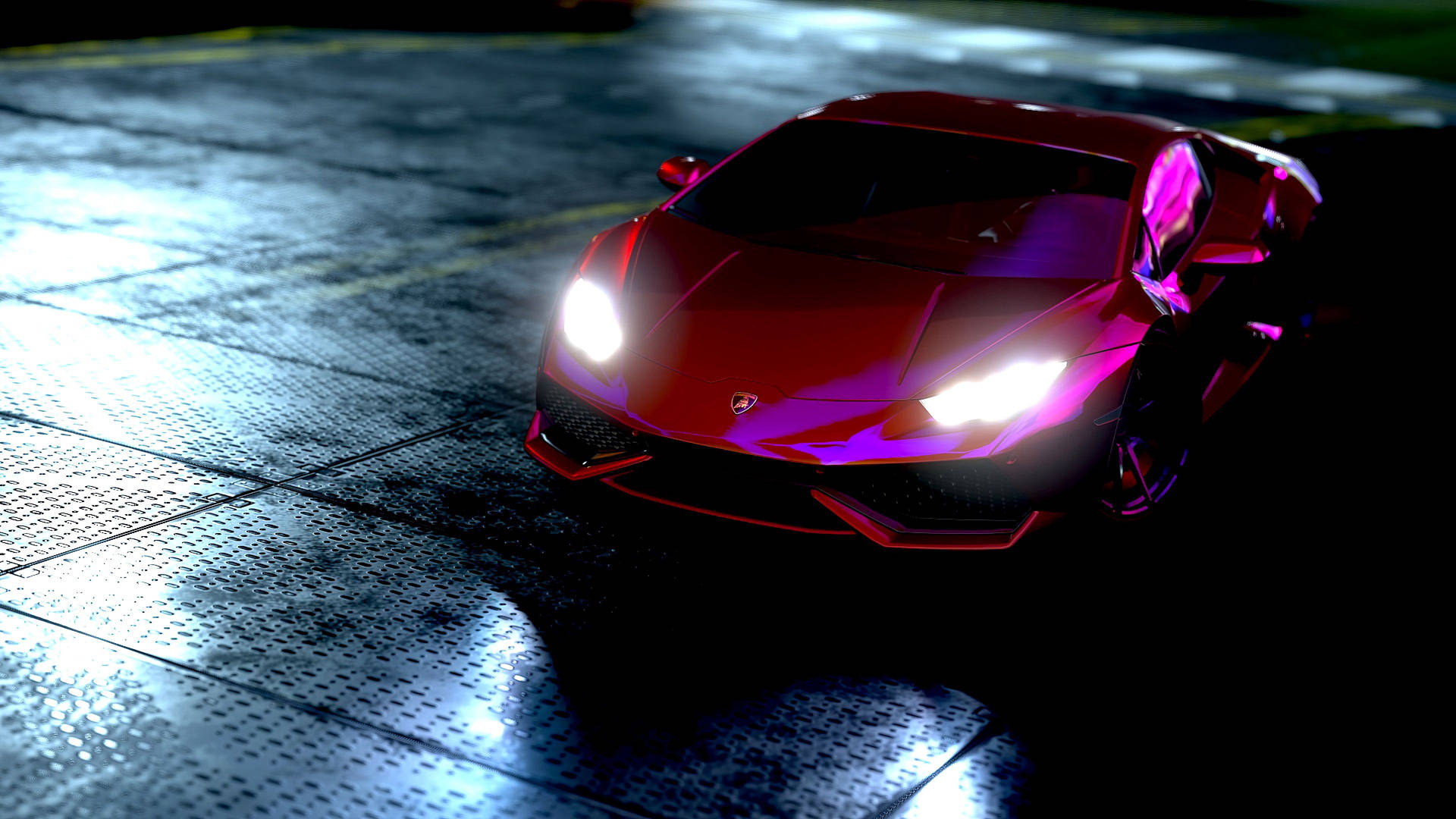 Rød Lamborghini Huracan med neonlys bakgrunn.
