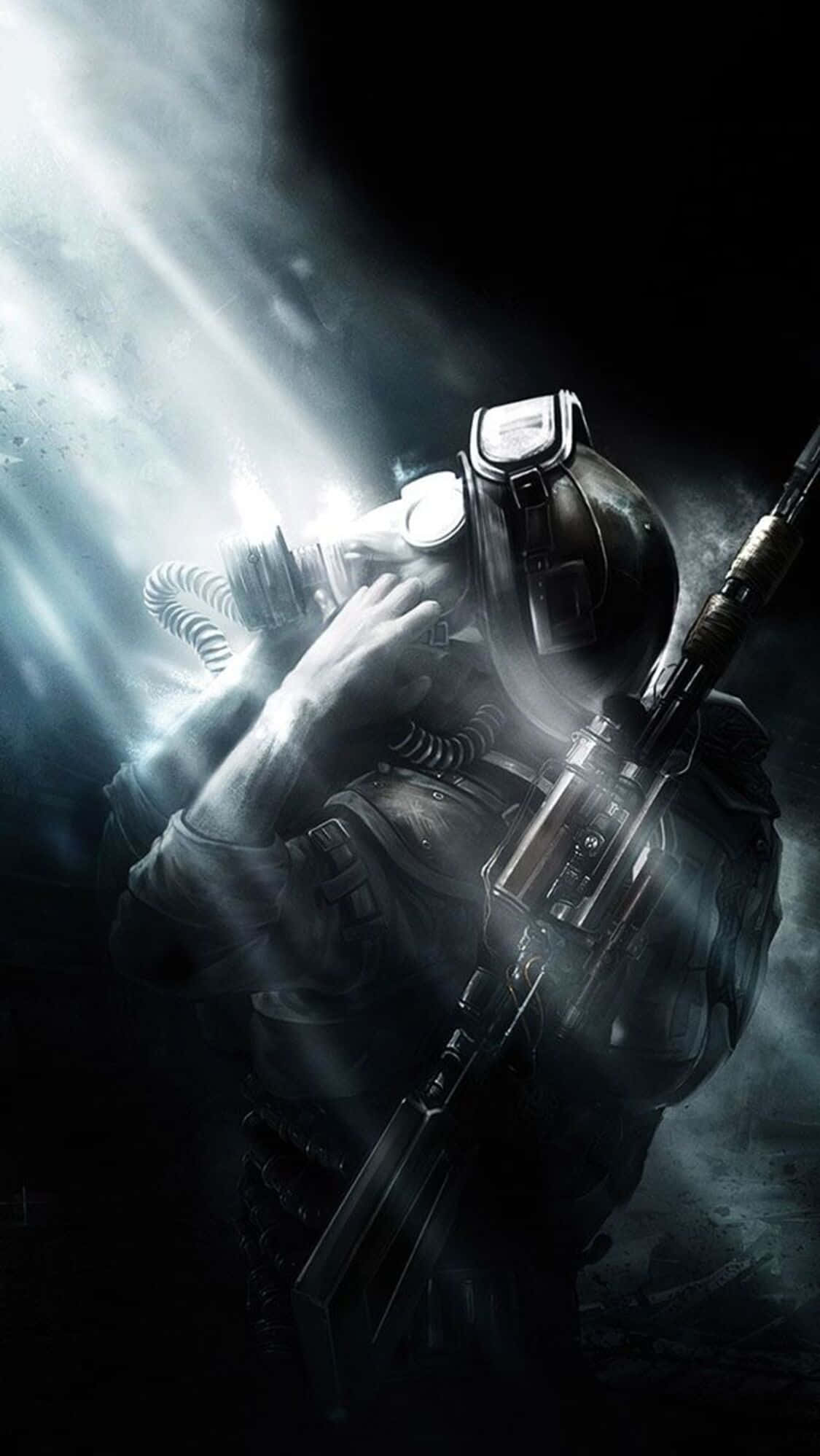 Sterkt lys som skinner på en militærsoldat i det kjente spillet Metro: Last Light – iPhone X-bakgrunn Bakgrunner