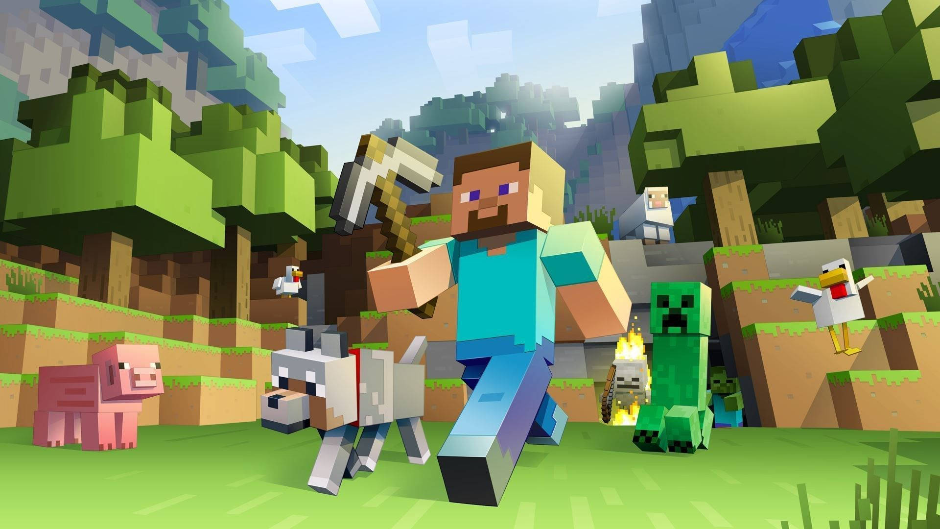 Steve og dyr som beveger seg i Minecraft Bakgrunner