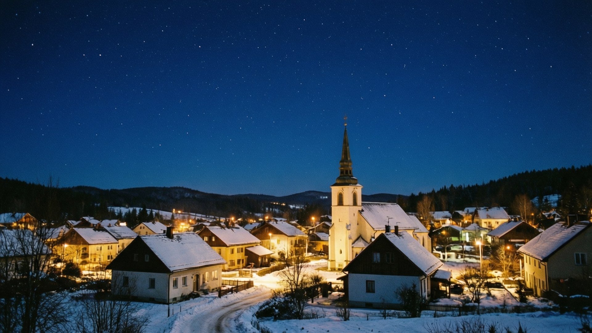 Stjerneklar natt over snødekt by Bakgrunner