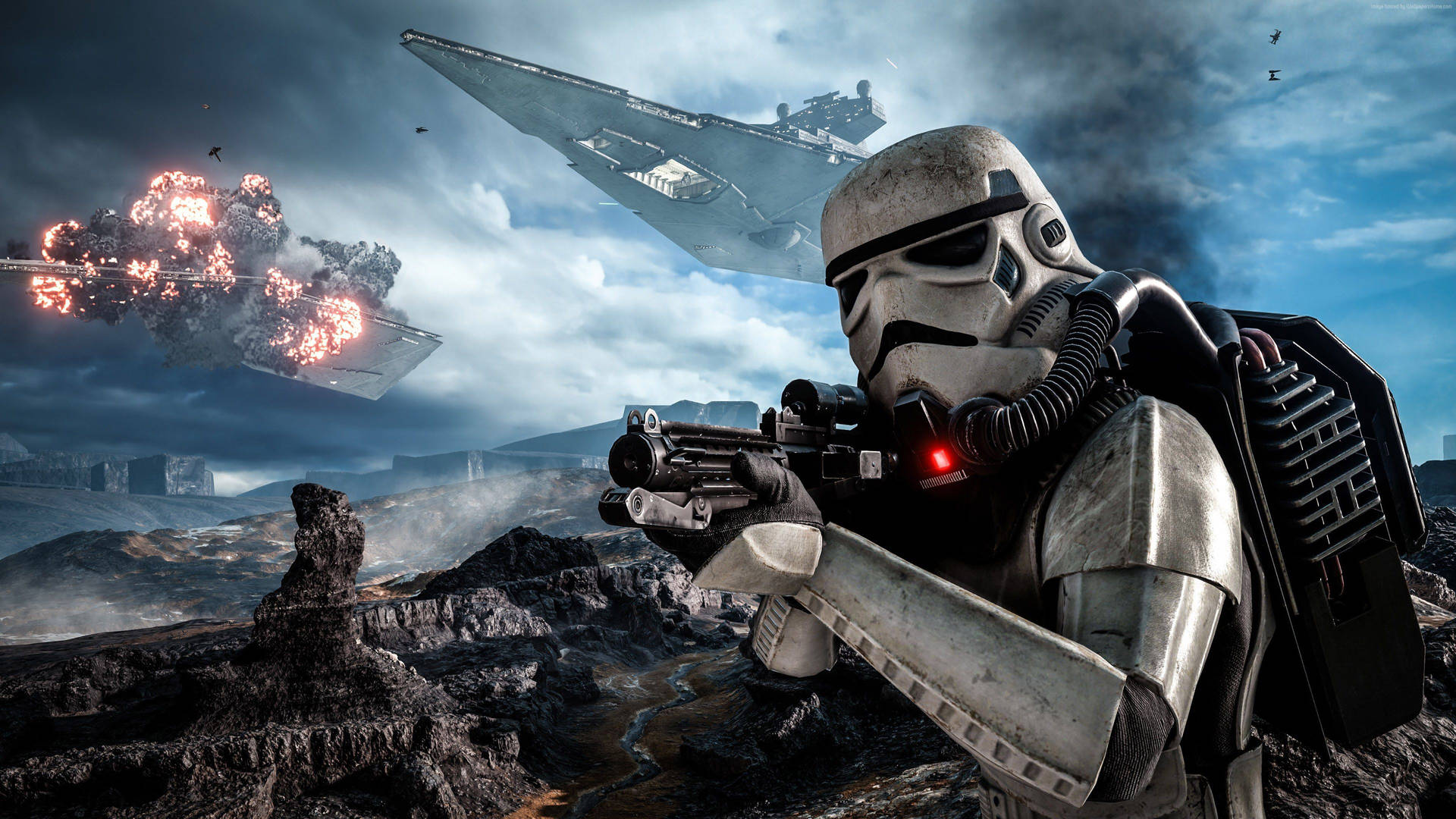 Star Wars-bakgrunnsbilde av Stormtrooper i kamp på en moderne byplanet