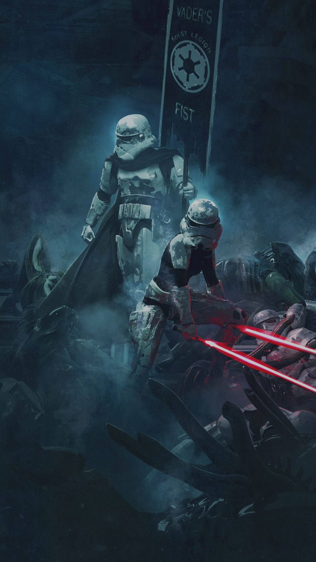 Star Wars-bakgrunnsbilde av en Stormtrooper i kamp på et slagfelt i verdensrommet