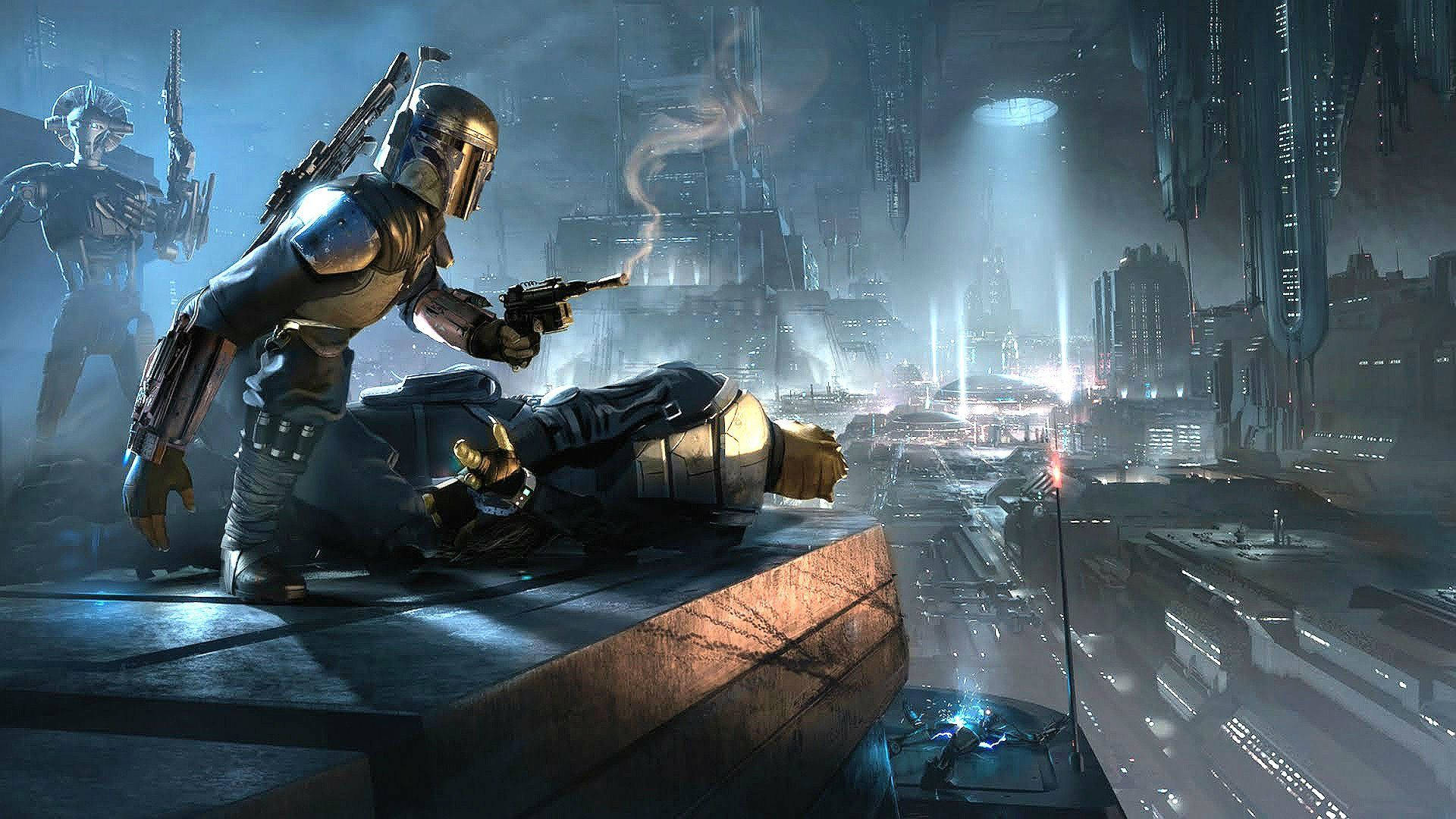 Star Wars-bakgrunnsbilde av en Stormtrooper i kamp på en moderne futuristisk byplanet
