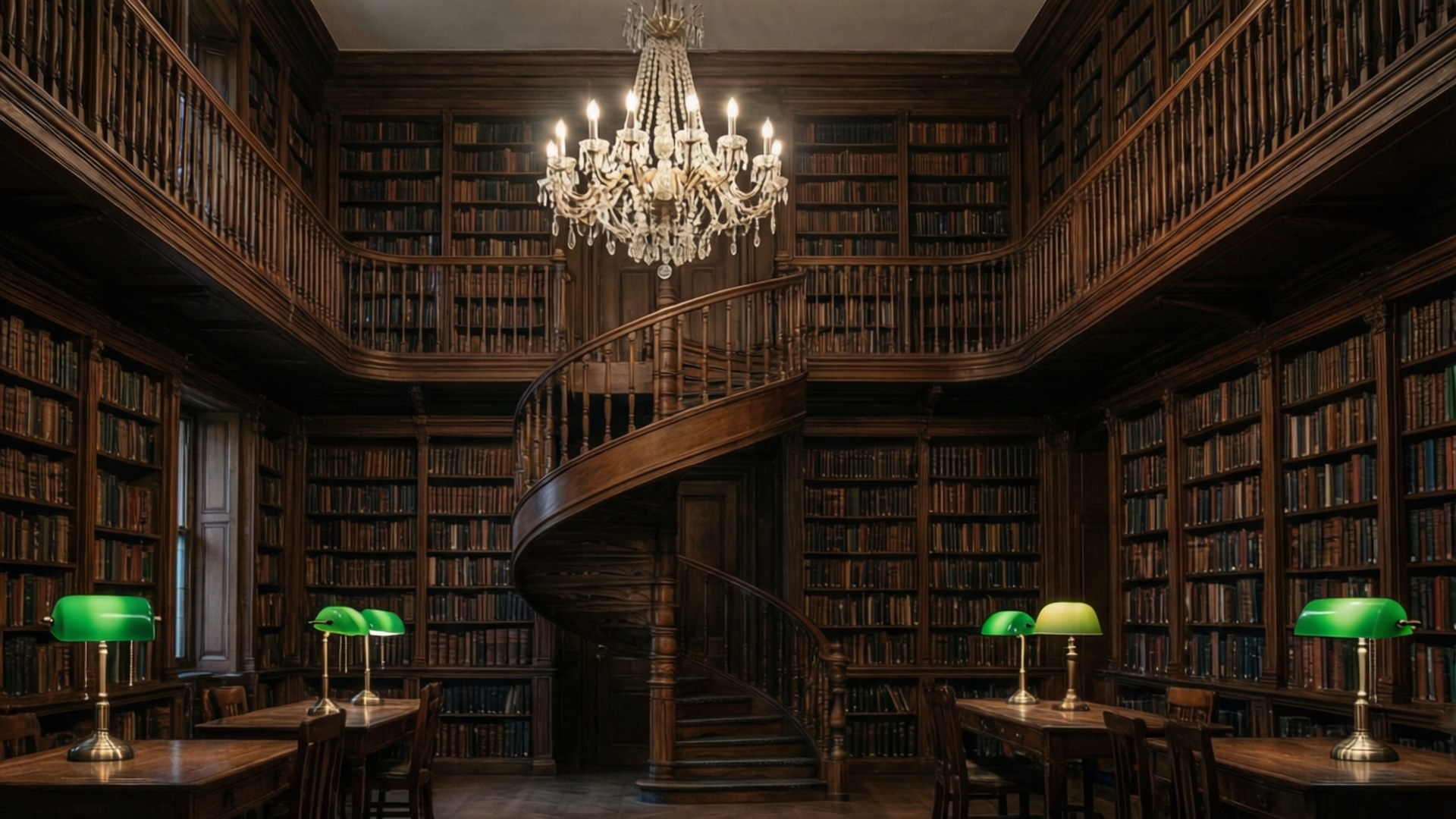 Majestetisk mørk akademisk bibliotek med spiraltrapp og lysekrone.