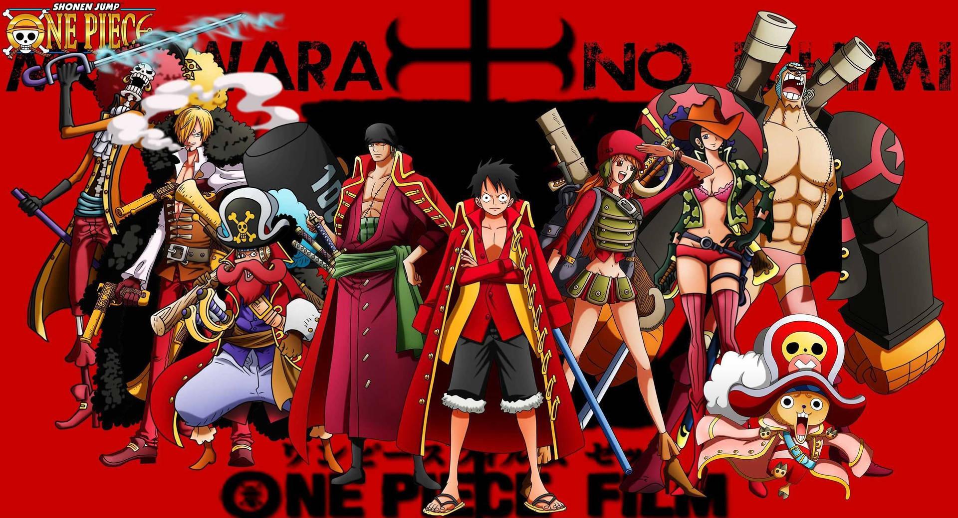 Luffy og Stråhatt-piratene i en rød og svart One Piece-bakgrunn.