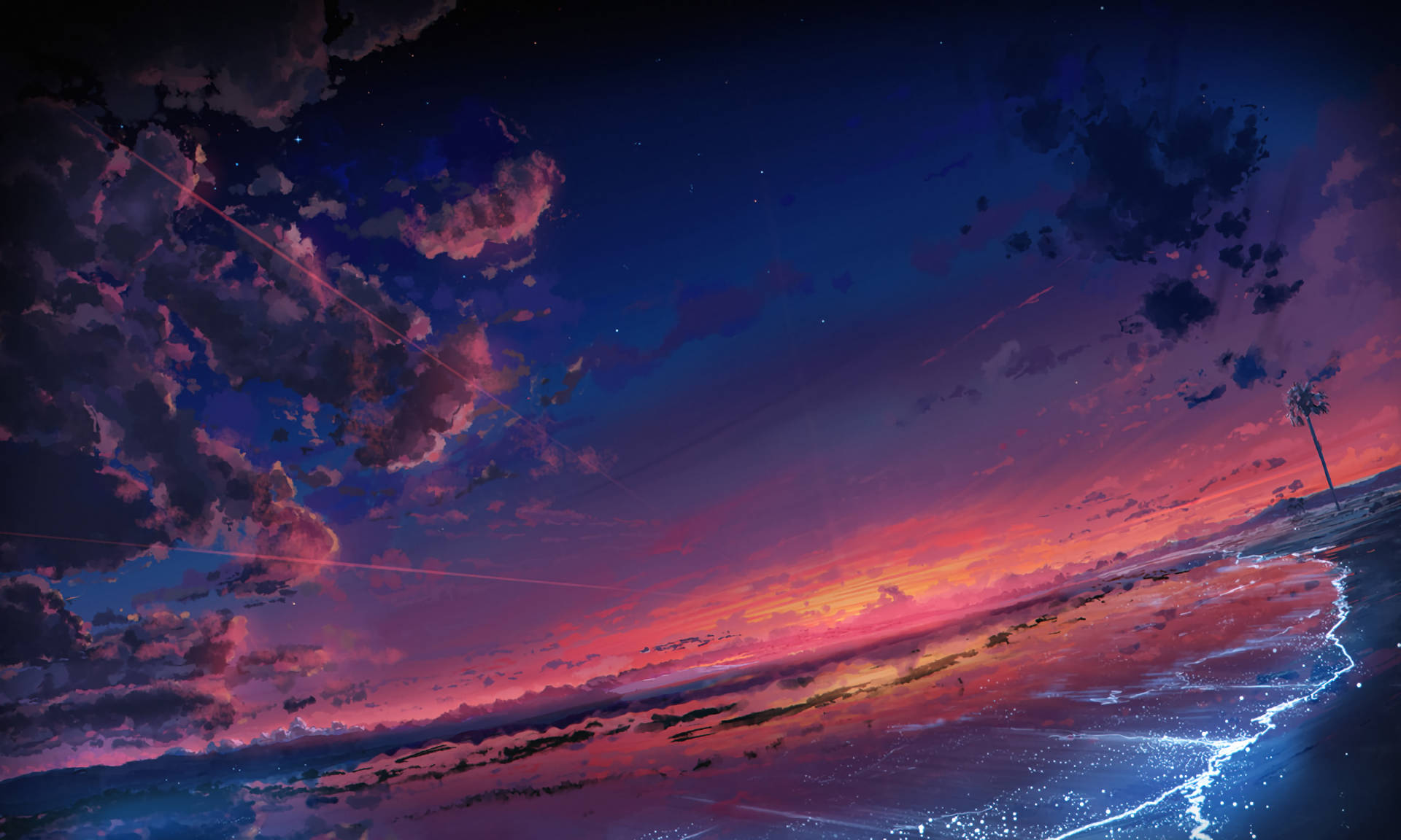 Strand Anime Estetisk Solnedgang Digitalt Maleri Bakgrunner