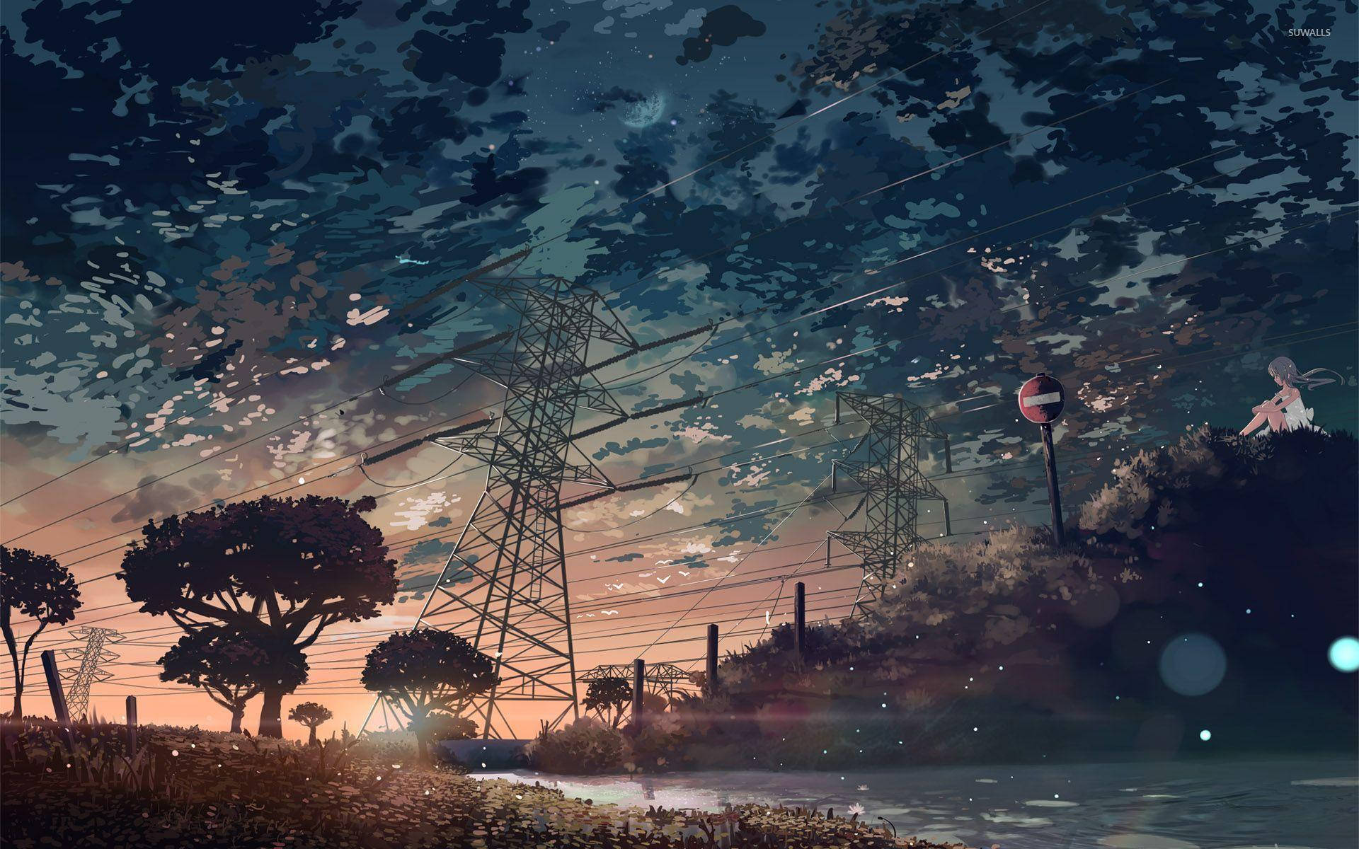 Strømledninger Anime Estetisk Solnedgang Bakgrunner