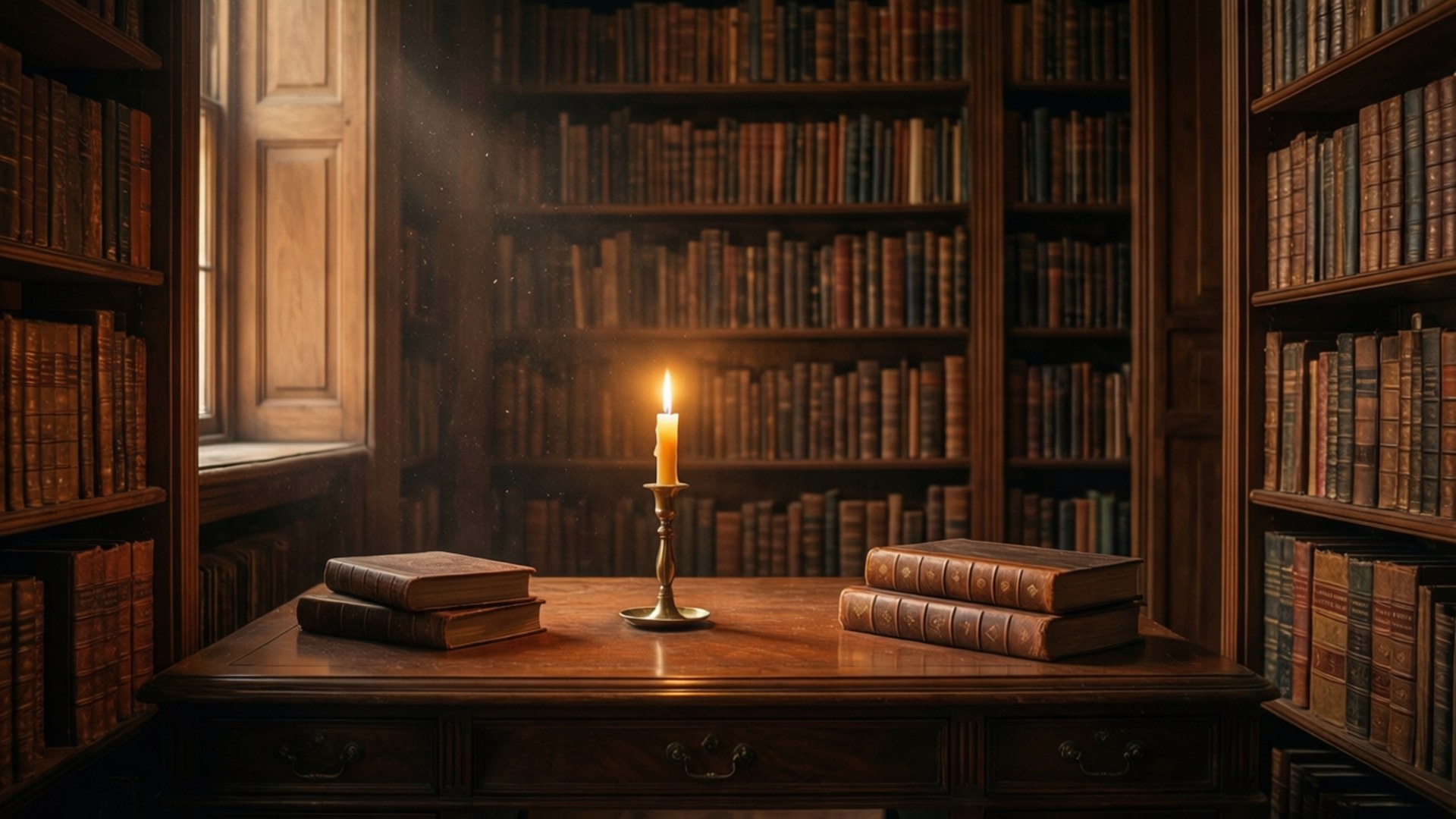 En koselig dark academia-biblioteksscene med stearinlys og gamle bøker.