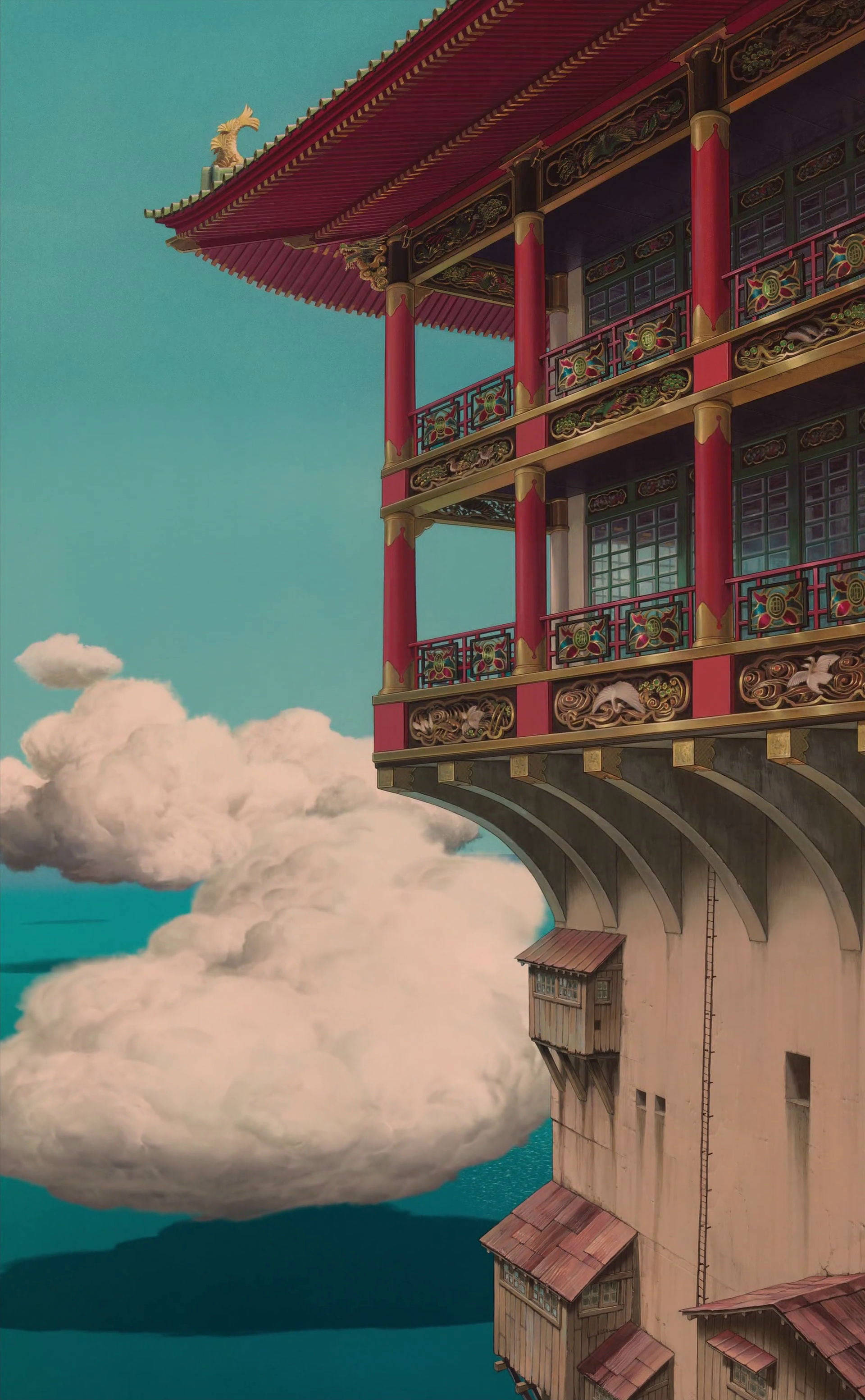 Studio Ghibli Landskap Slott Over Havet Bakgrunner
