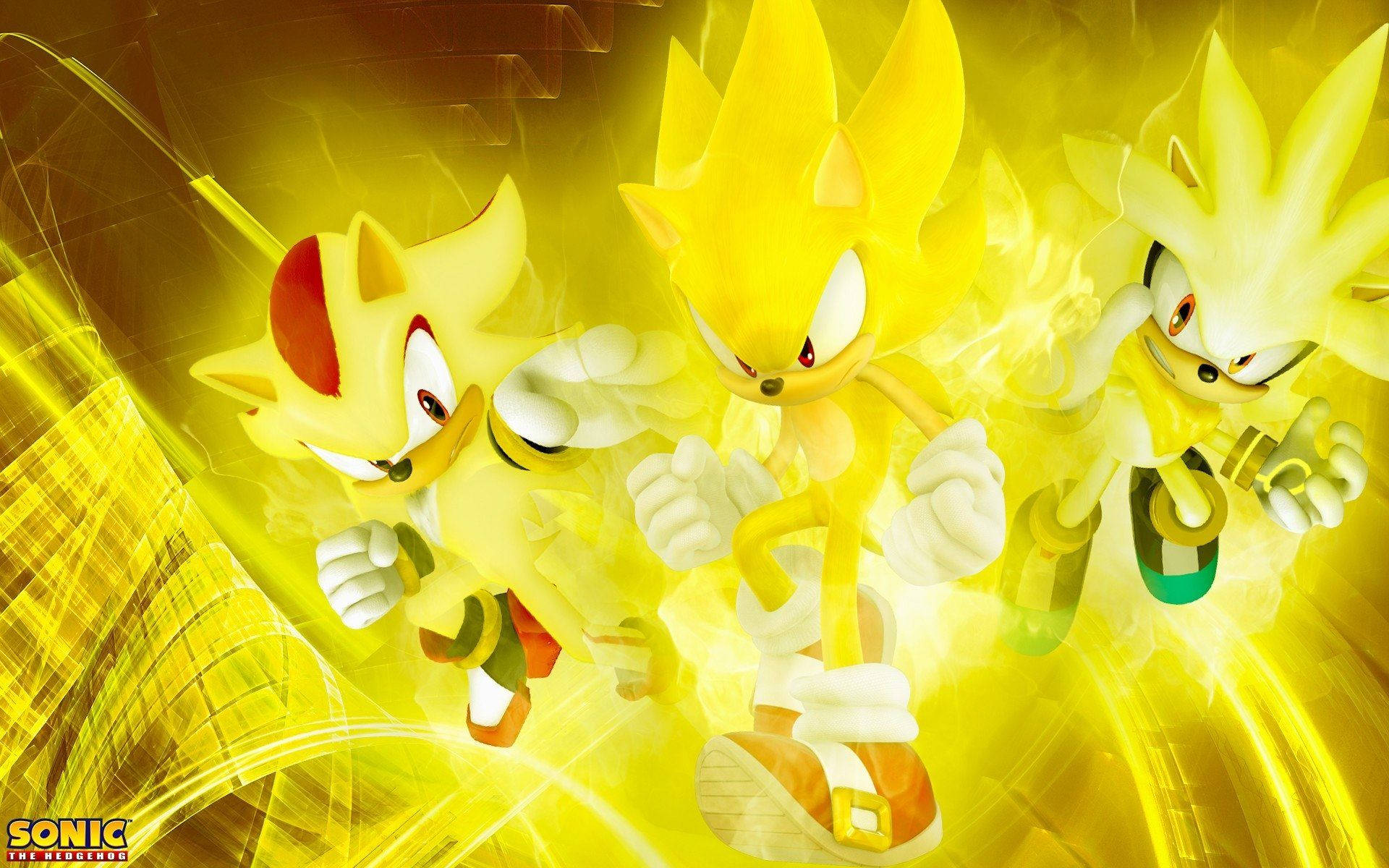 Bakgrunnsbilde av tre Super Sonic som lyser opp sterkt.