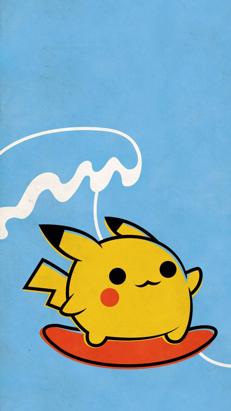 Bakgrunnsbilde av Pikachu som surfer med rødt surfebrett.