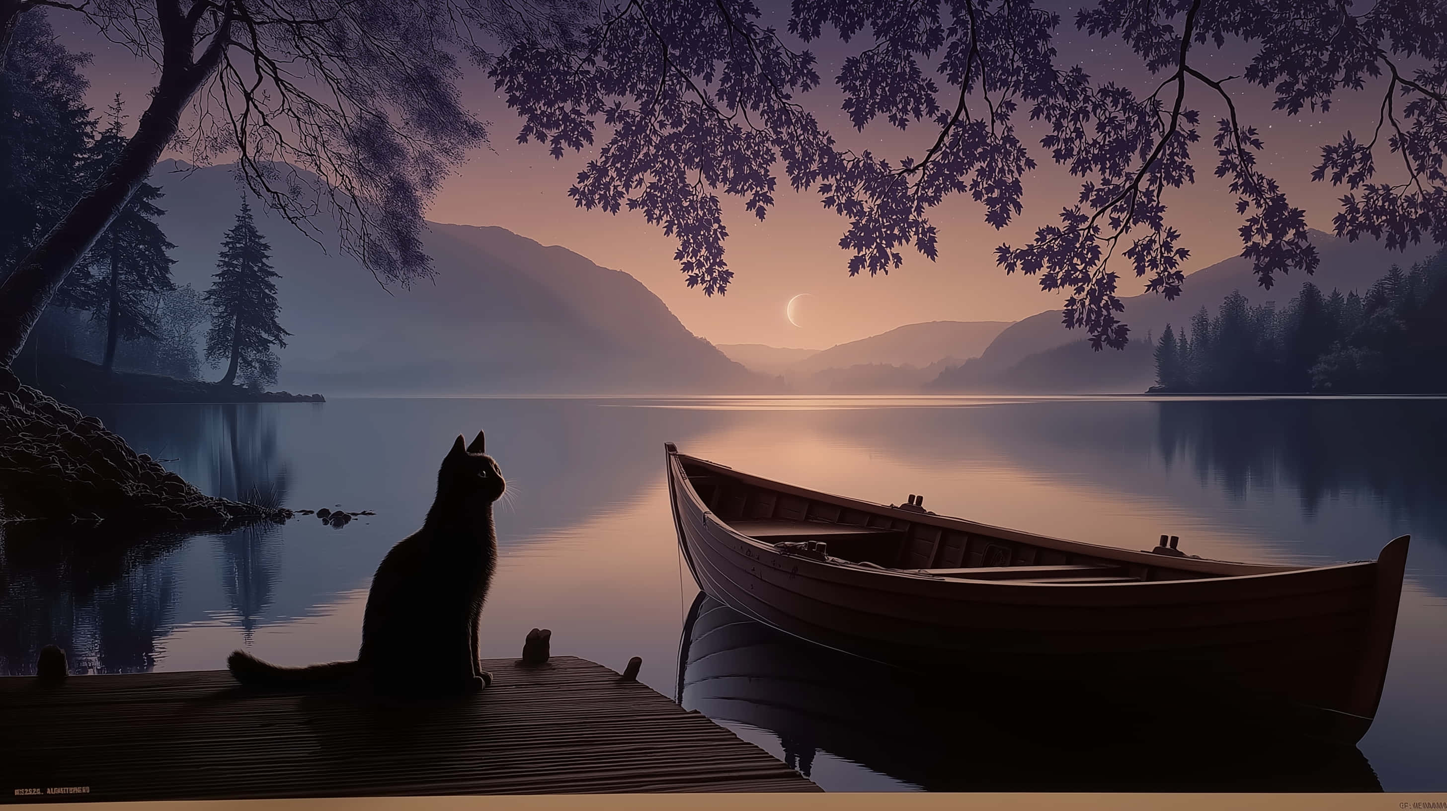 Svart katt på brygge ved innsjø i mystisk skumring Bakgrunner