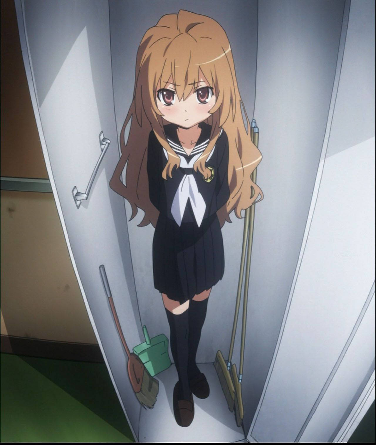 Taiga Aisaka føler seg komfortabel og koselig inne i skapet sitt. Bakgrunner