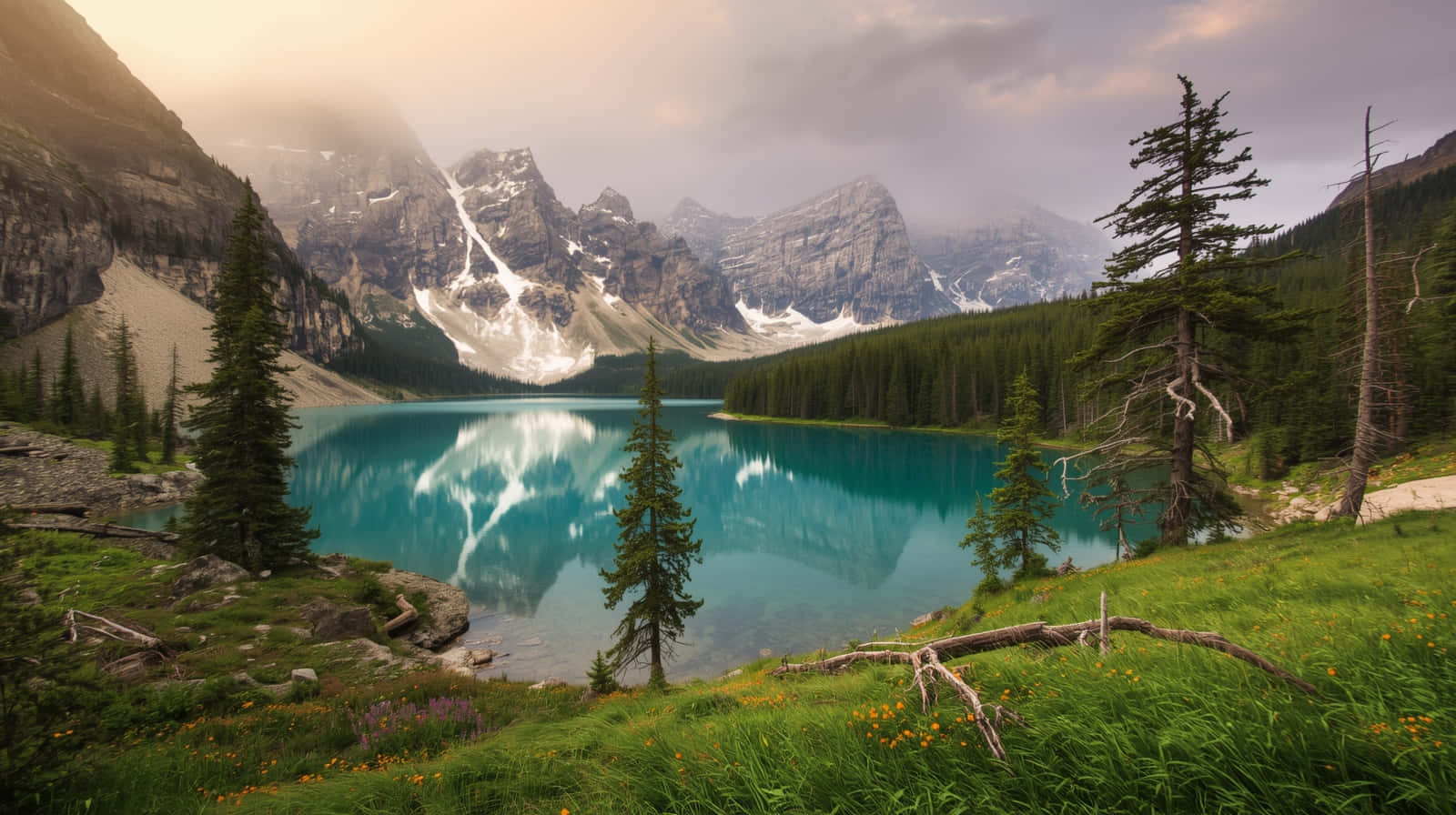 Tåke over Moraine Lake og turkis fjellrefleksjon bakgrunnsbilde Bakgrunner