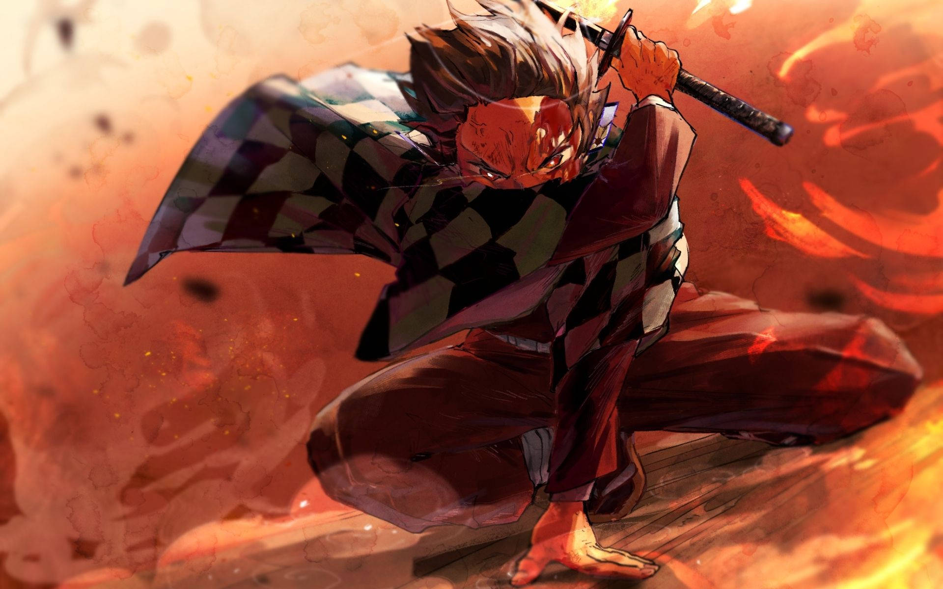 Demon Slayer-bakgrunnsbilde av Kamado Tanjiro omgitt av røyk og ild.