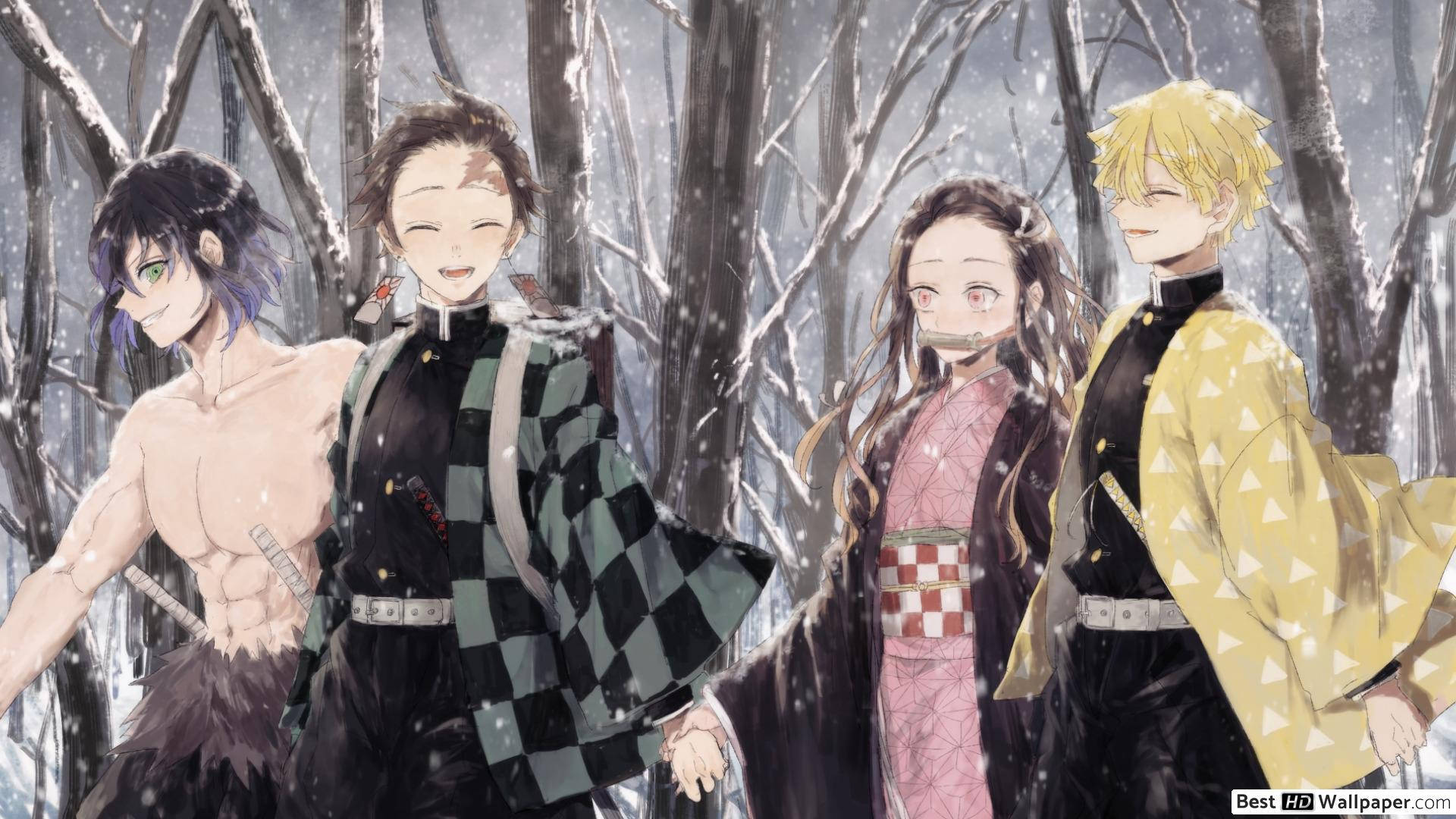 Demon Slayer-bakgrunnsbilde av Tanjiro og andre som går i snødekt skog.