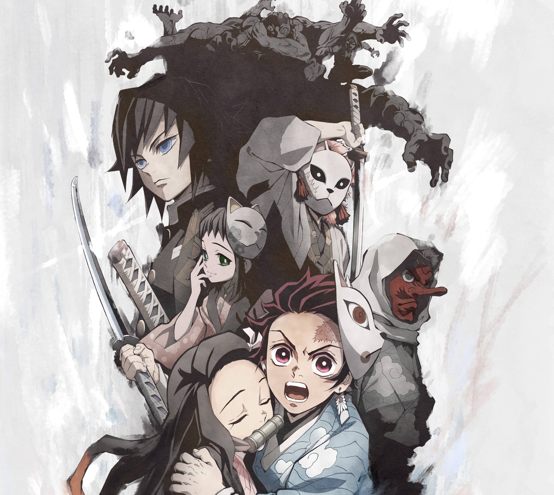 Demon Slayer-bakgrunnsbilde av Tanjiro og andre med en demon med mange armer.