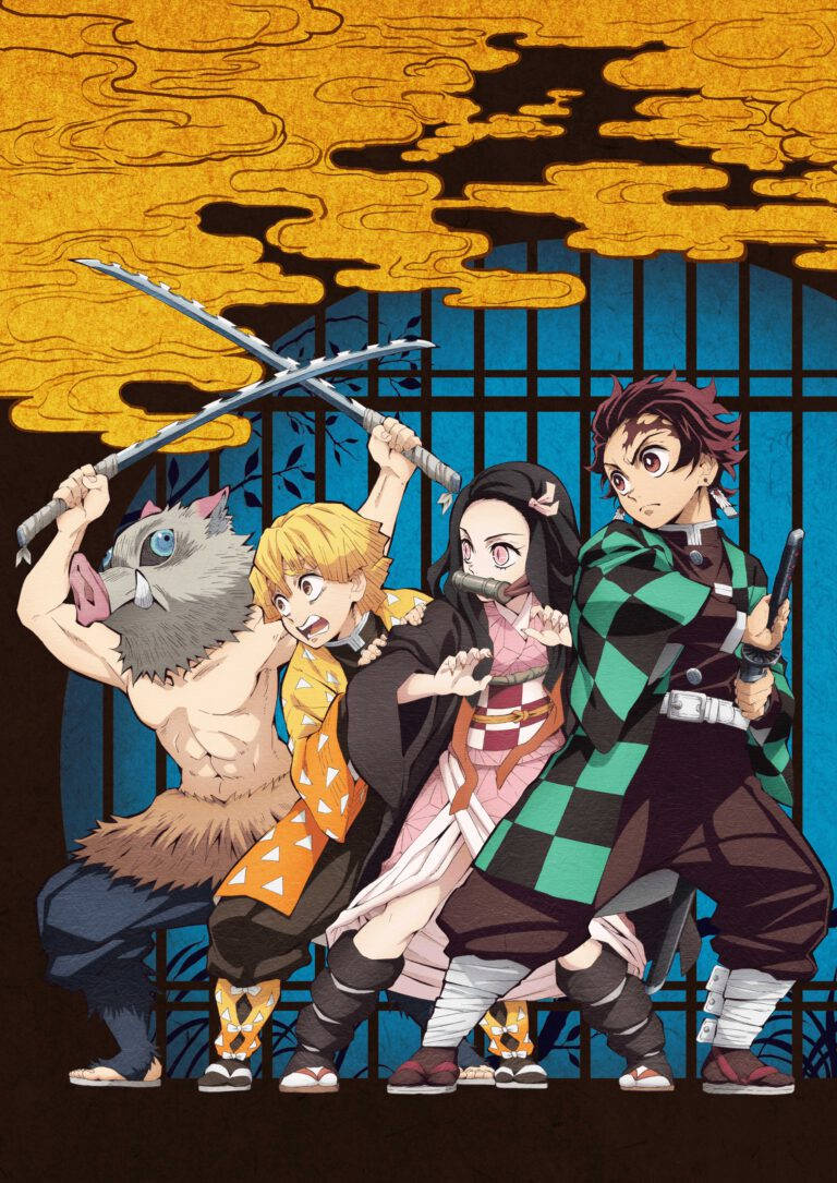 Tanjiro og Nezuko Inosuke Zenitsu gul sky Bakgrunner
