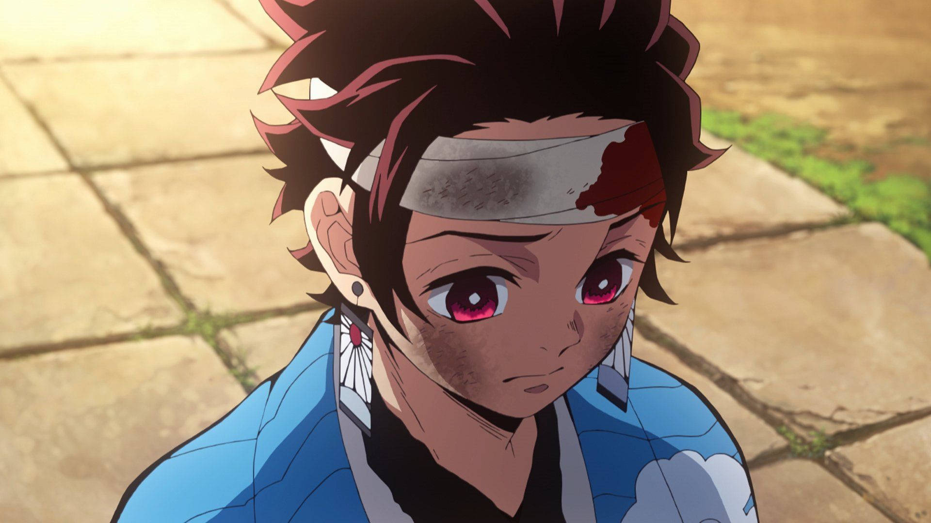 Tanjiro, skadet etter en kamp i Demon Slayer Bakgrunner