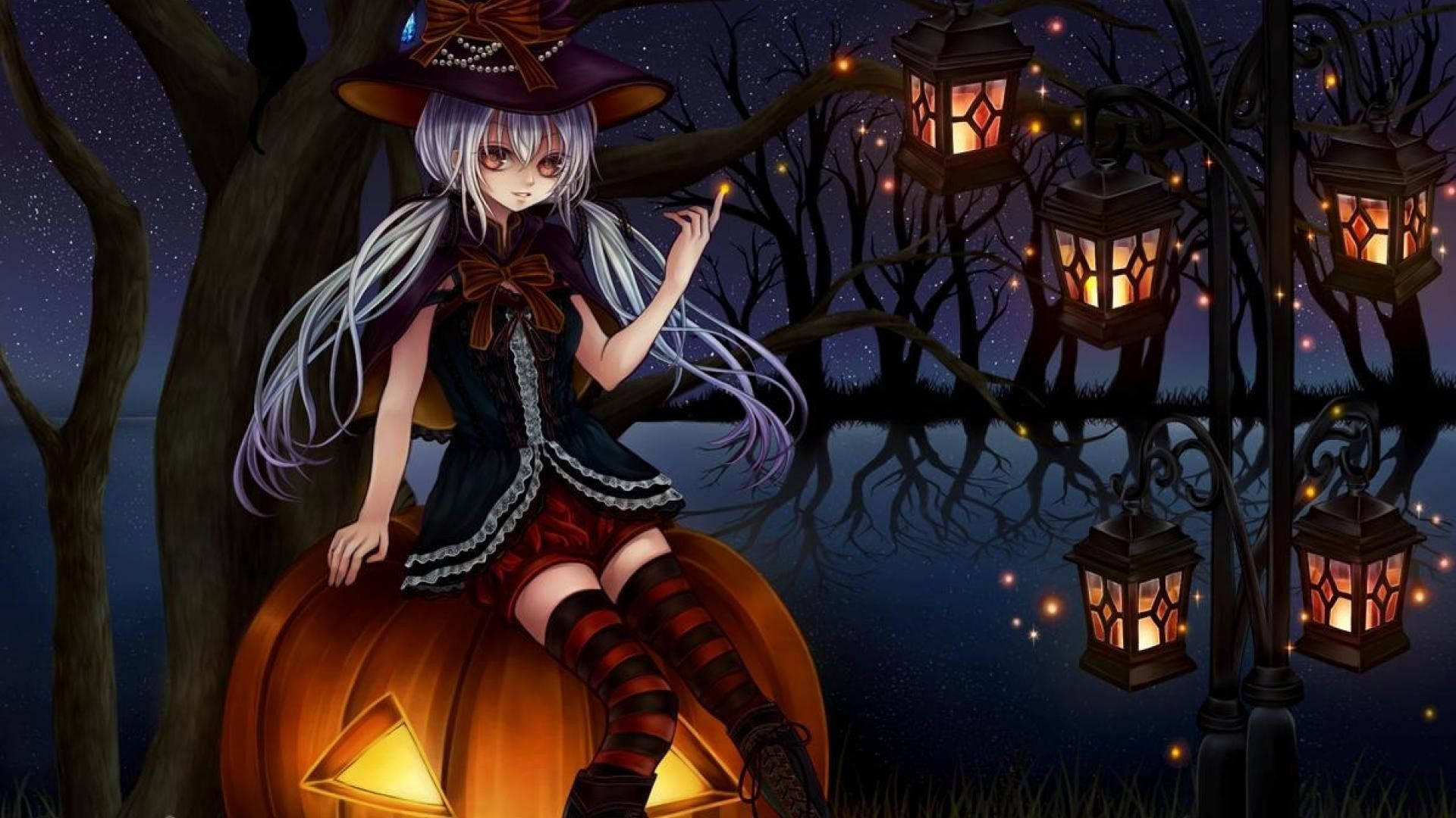 Tegnefilm Halloween-jente på gresskar Bakgrunner