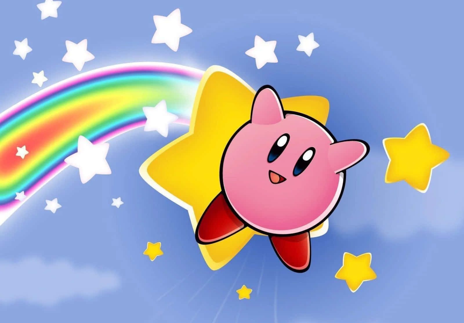 Tegneseriefiguren Kirby som flyr gjennom et fargerikt landskap Bakgrunner
