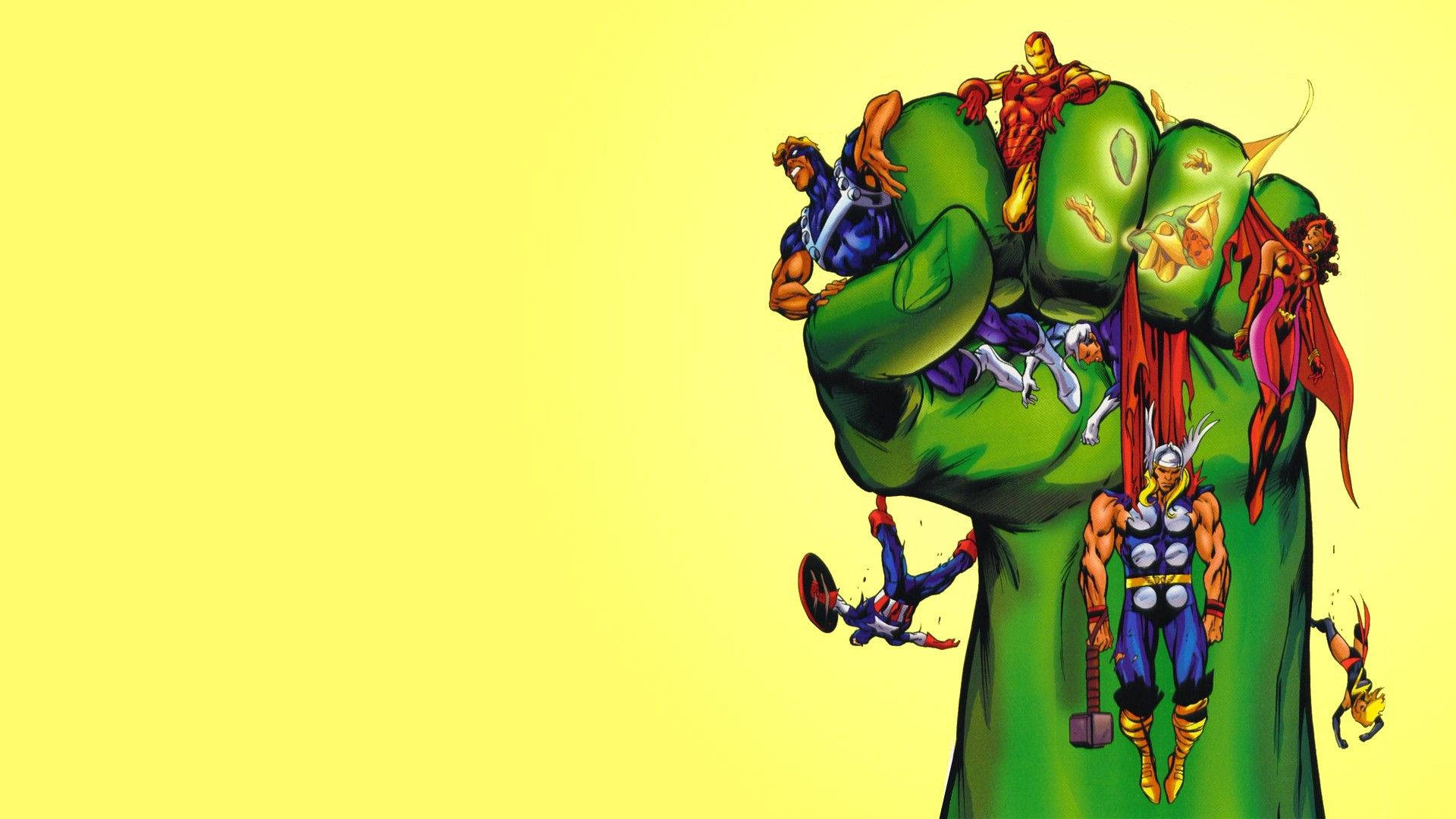 Marvel Hulks grønne kjempehender som holder andre superhelter.