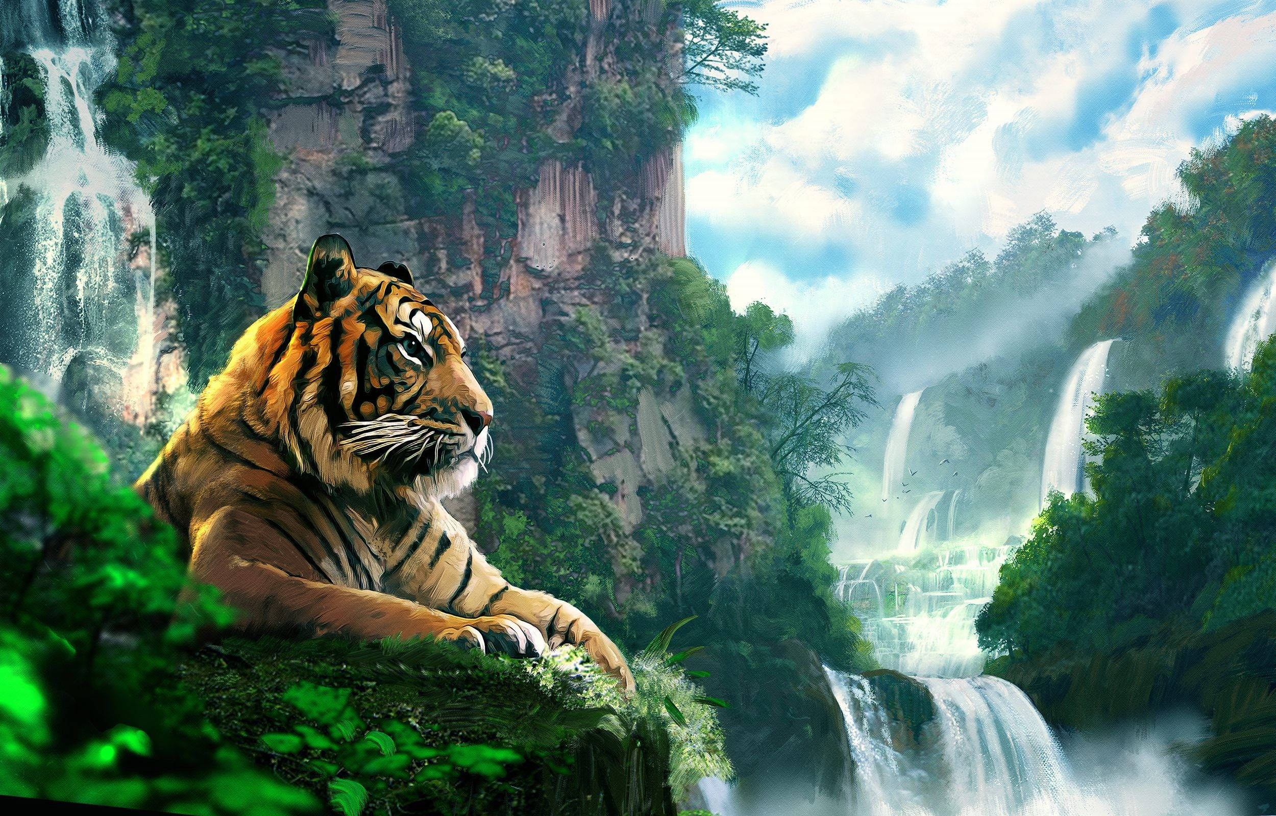 Tiger ved fossefall maleri Bakgrunner
