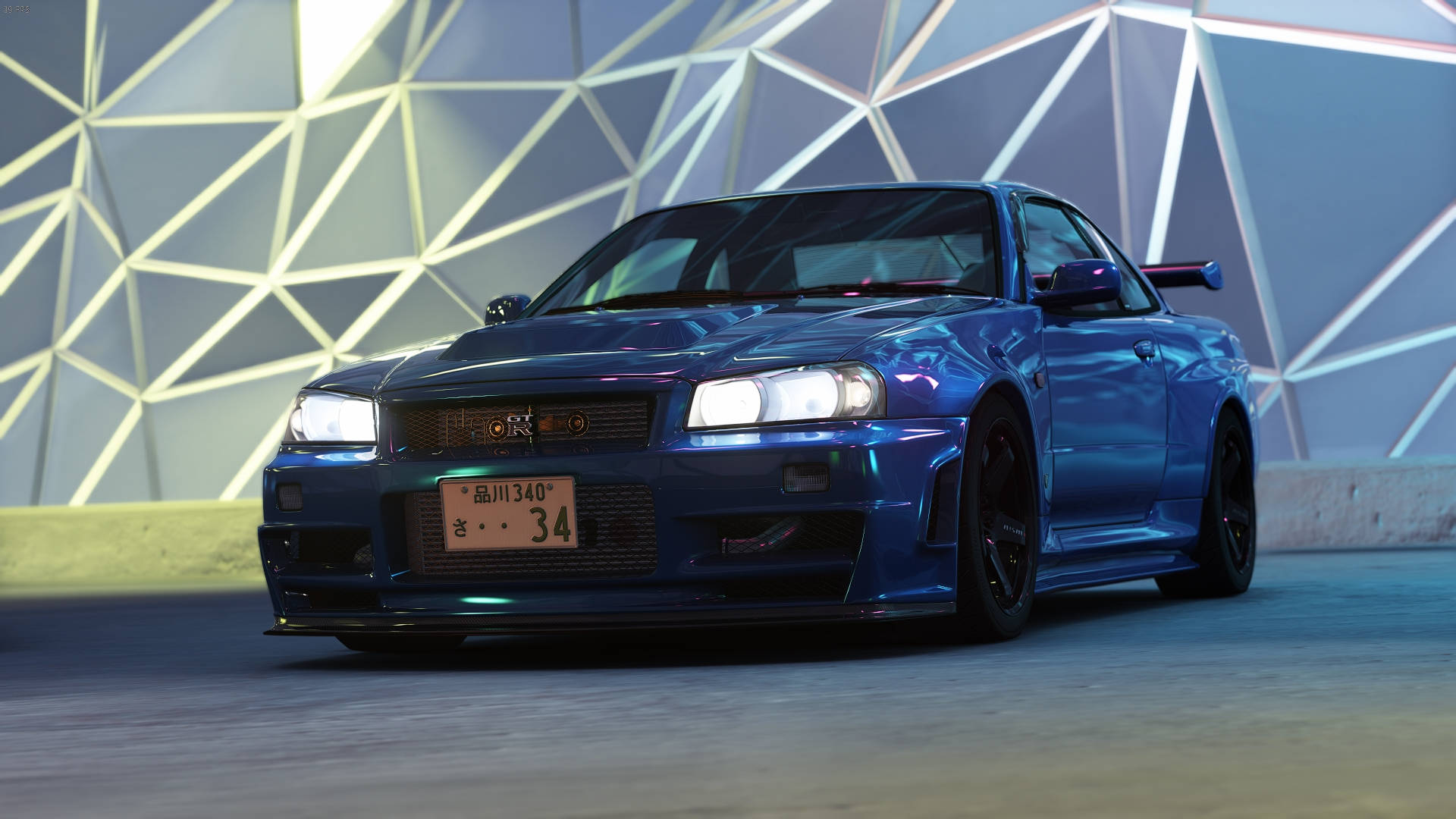 Tilpasset blå Nissan Skyline GTR R34 Bakgrunner